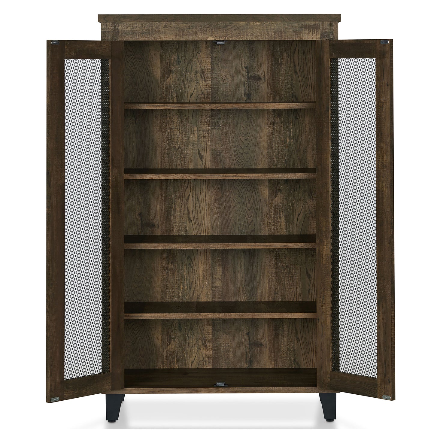 Front-facing rustic reclaimed oak five-shelf shoe cabinet with mesh doors open on a white background