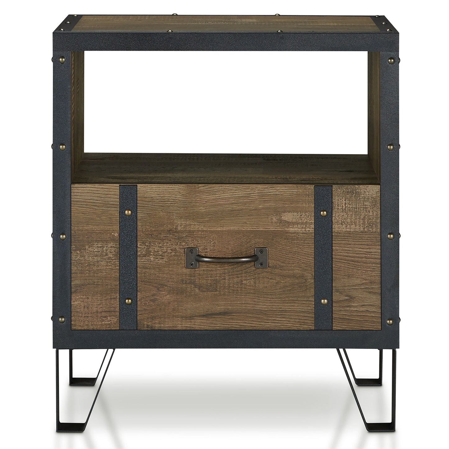 Front-facing industrial reclaimed oak and black one shelf one drawer end table on a white background