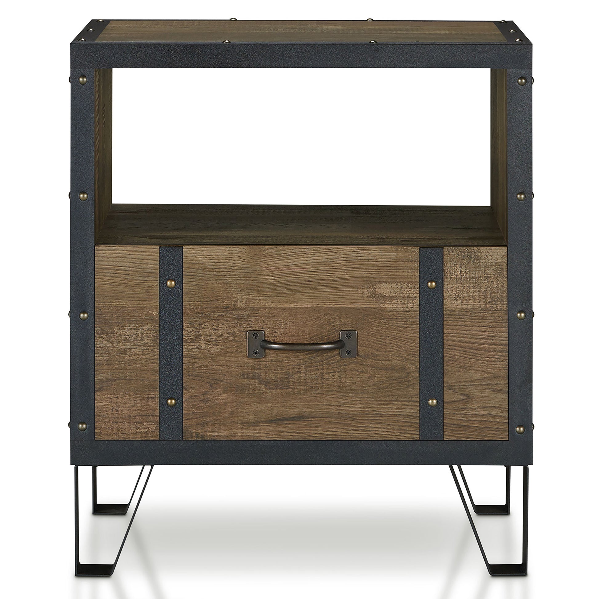 Front-facing industrial reclaimed oak and black one shelf one drawer end table on a white background