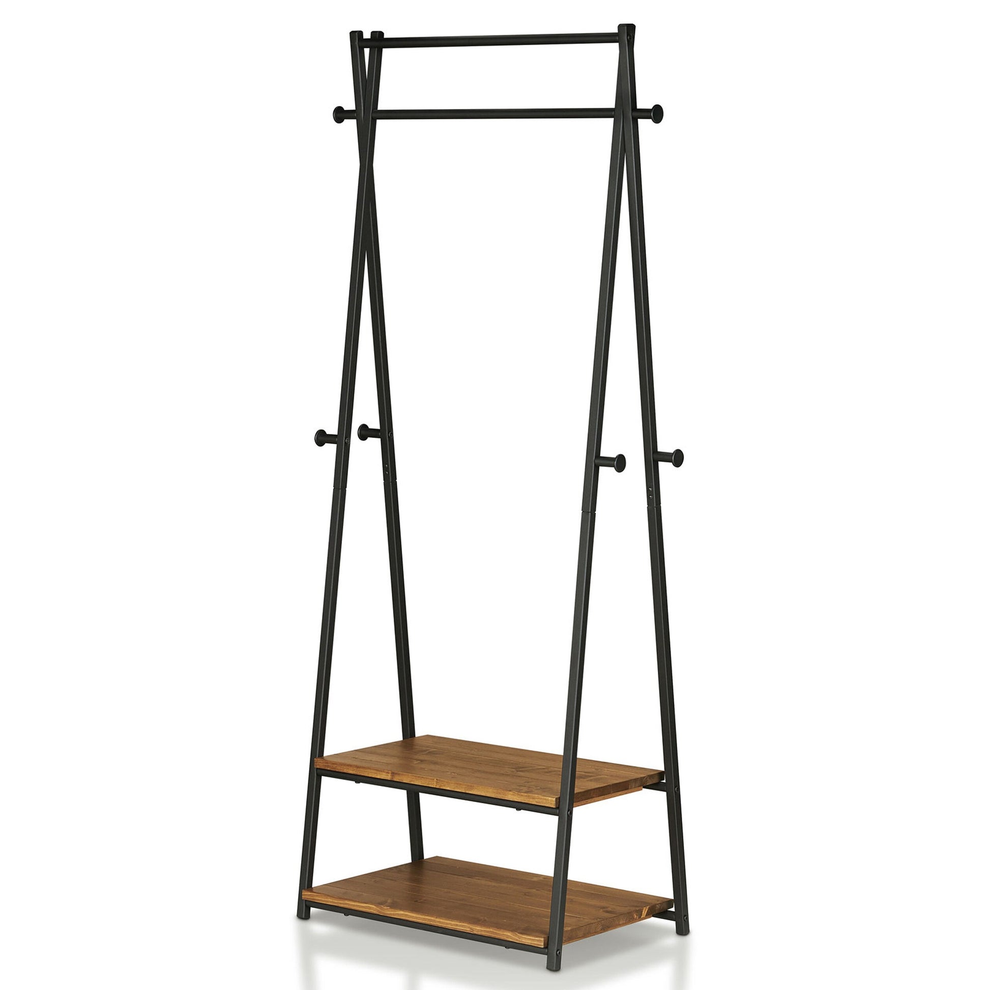 Left angled industrial warm oak and black two-shelf six-hook coat rack on a white background