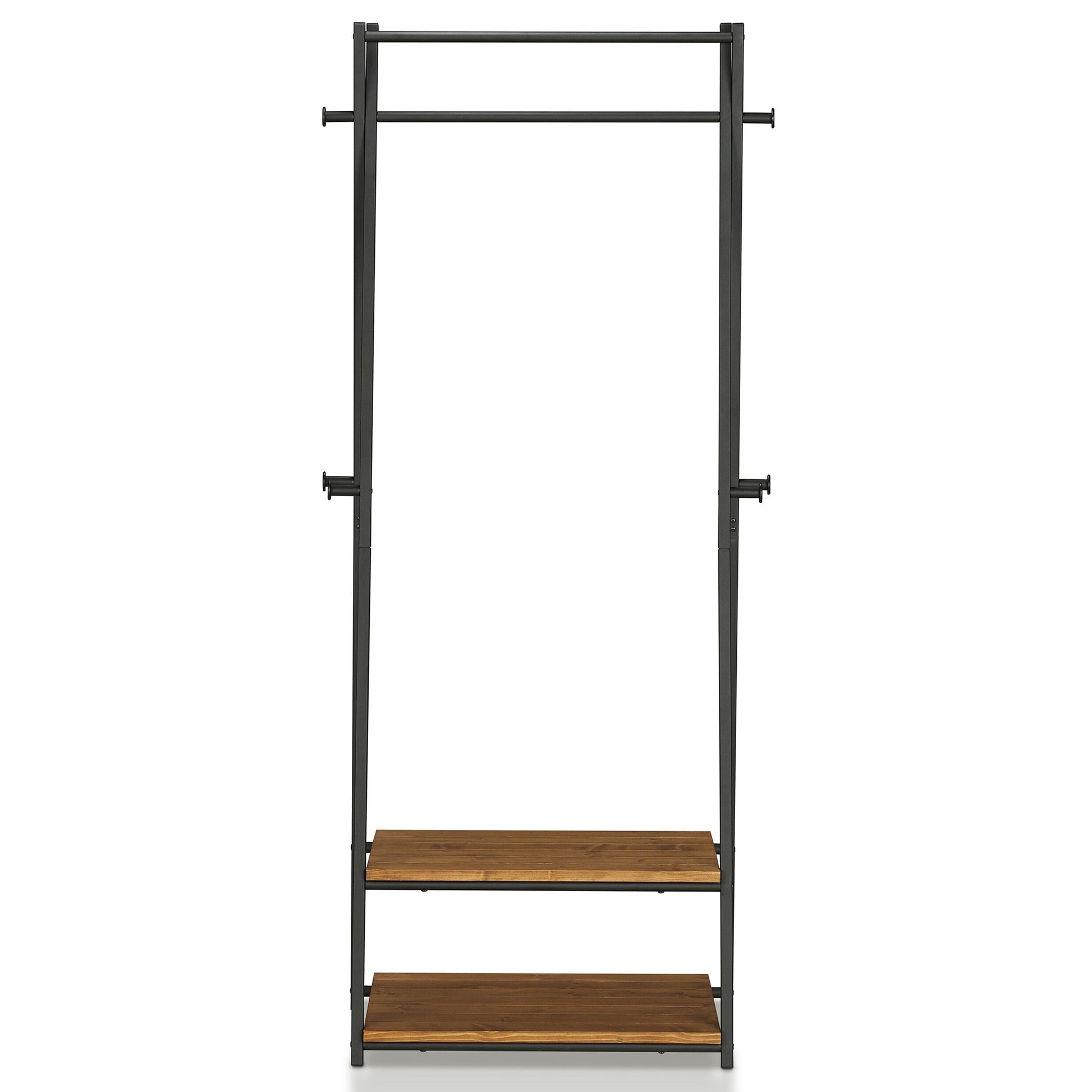 Front-facing industrial warm oak and black two-shelf six-hook coat rack on a white background