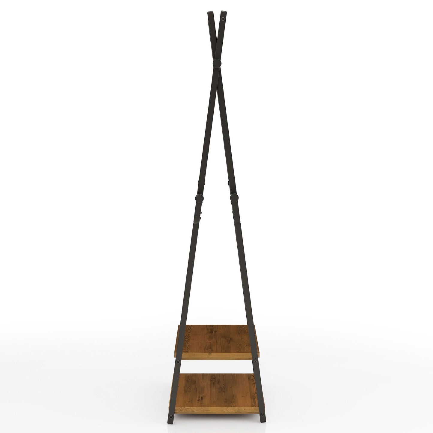Front-facing side view of an industrial warm oak and black two-shelf six-hook coat rack on a white background