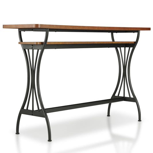 Right angled modern industrial warm oak and black one-shelf counter height table on a white background