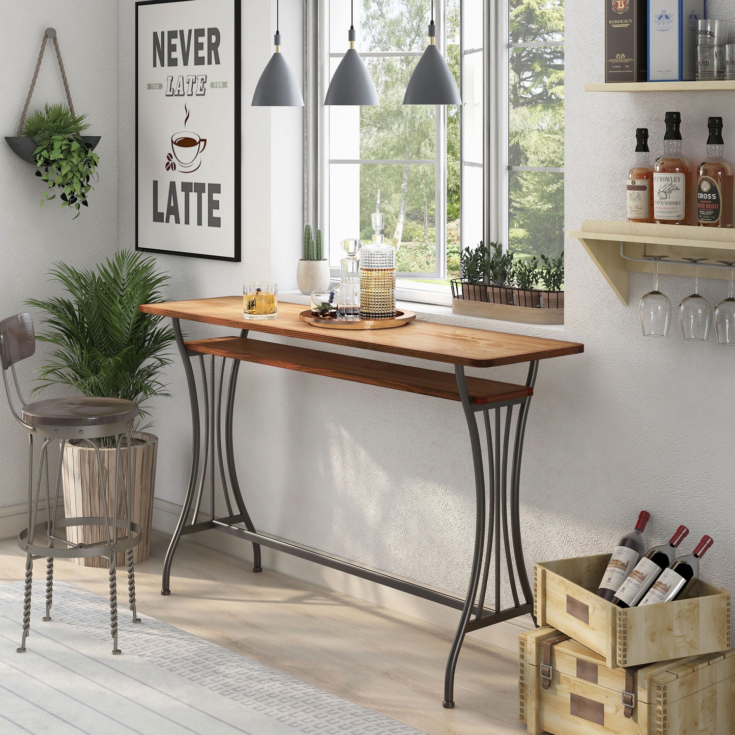 Left angled modern industrial warm oak and black one-shelf counter height table in a home bar with accessories