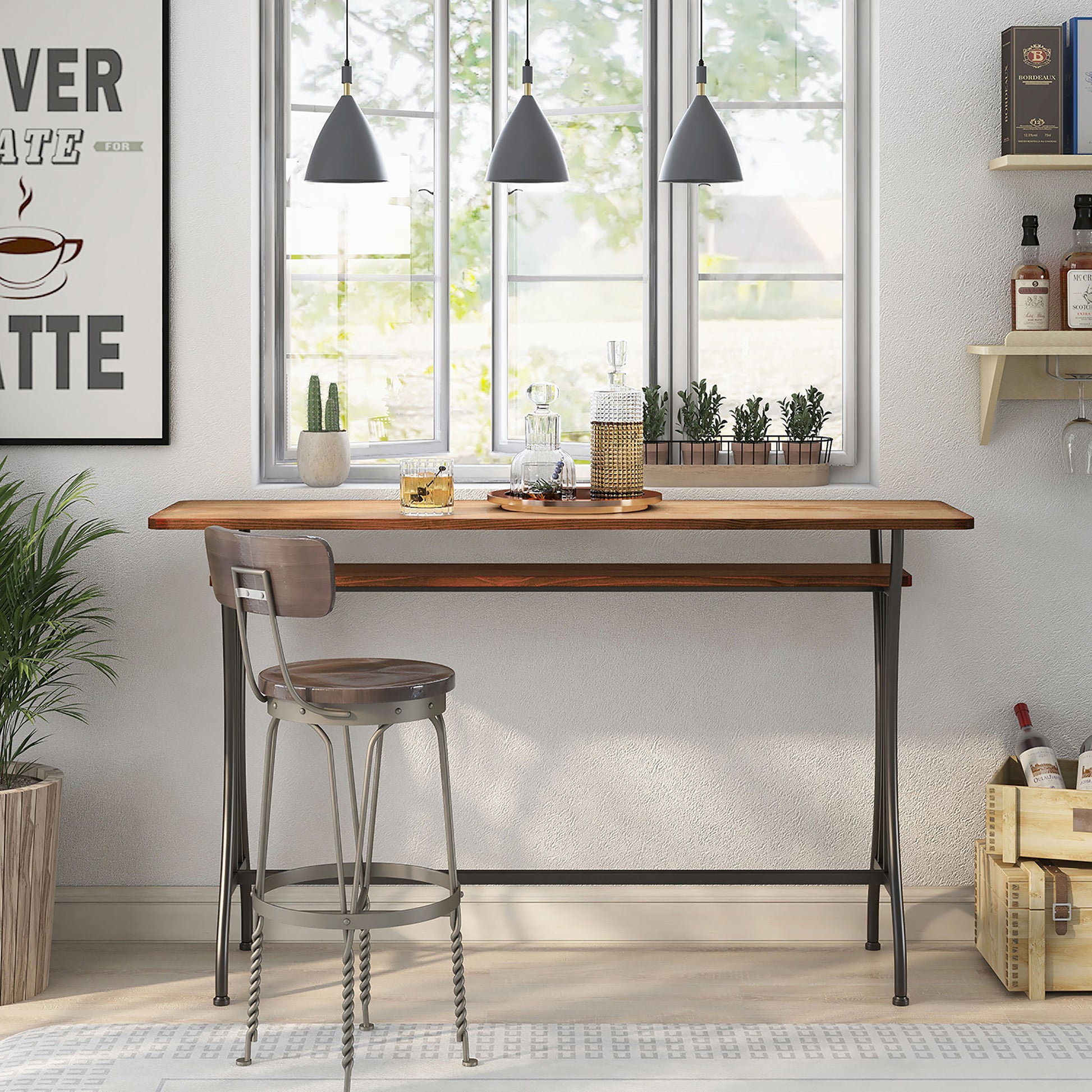 Front-facing modern industrial warm oak and black one-shelf counter height table in a home bar with accessories