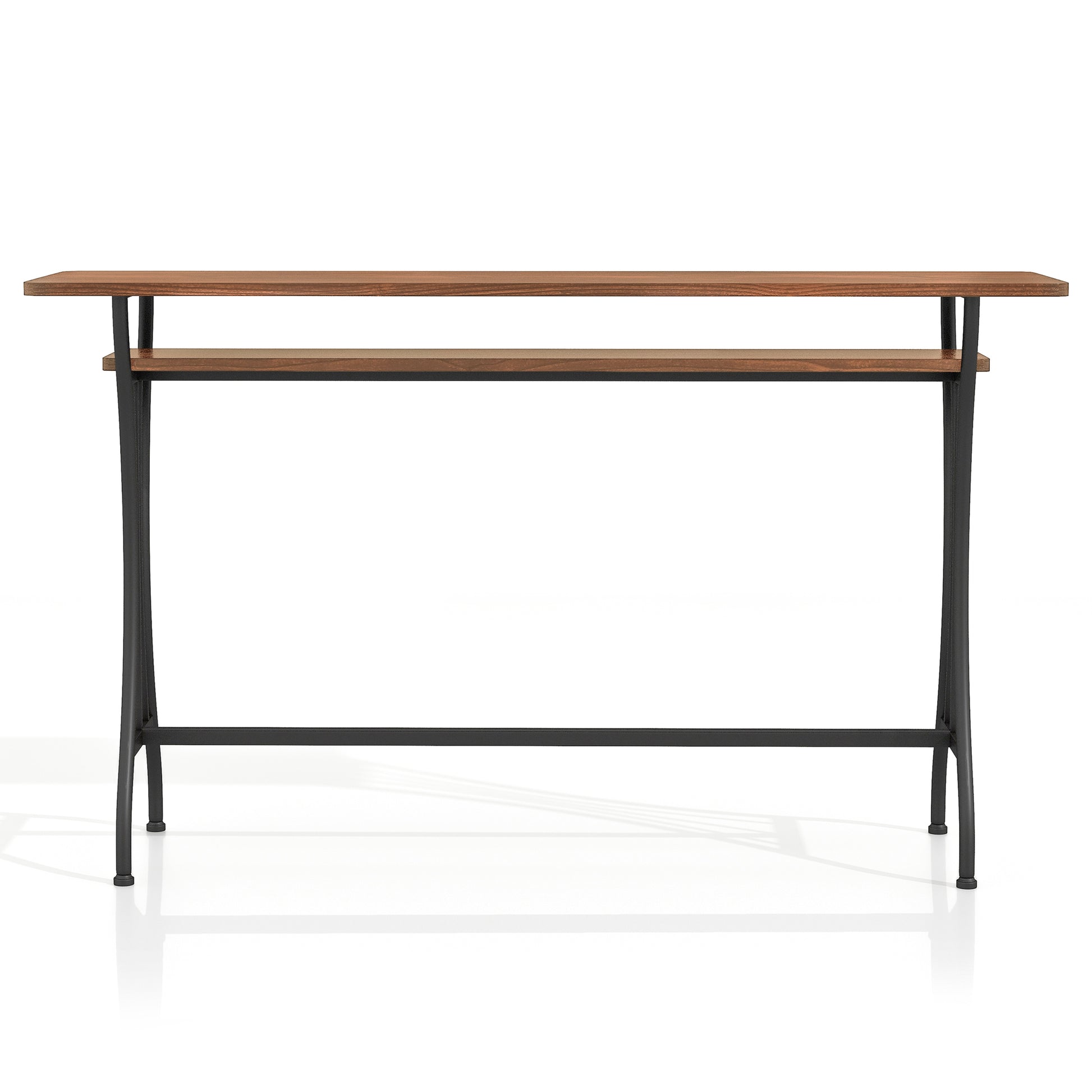 Front-facing modern industrial warm oak and black one-shelf counter height table on a white background