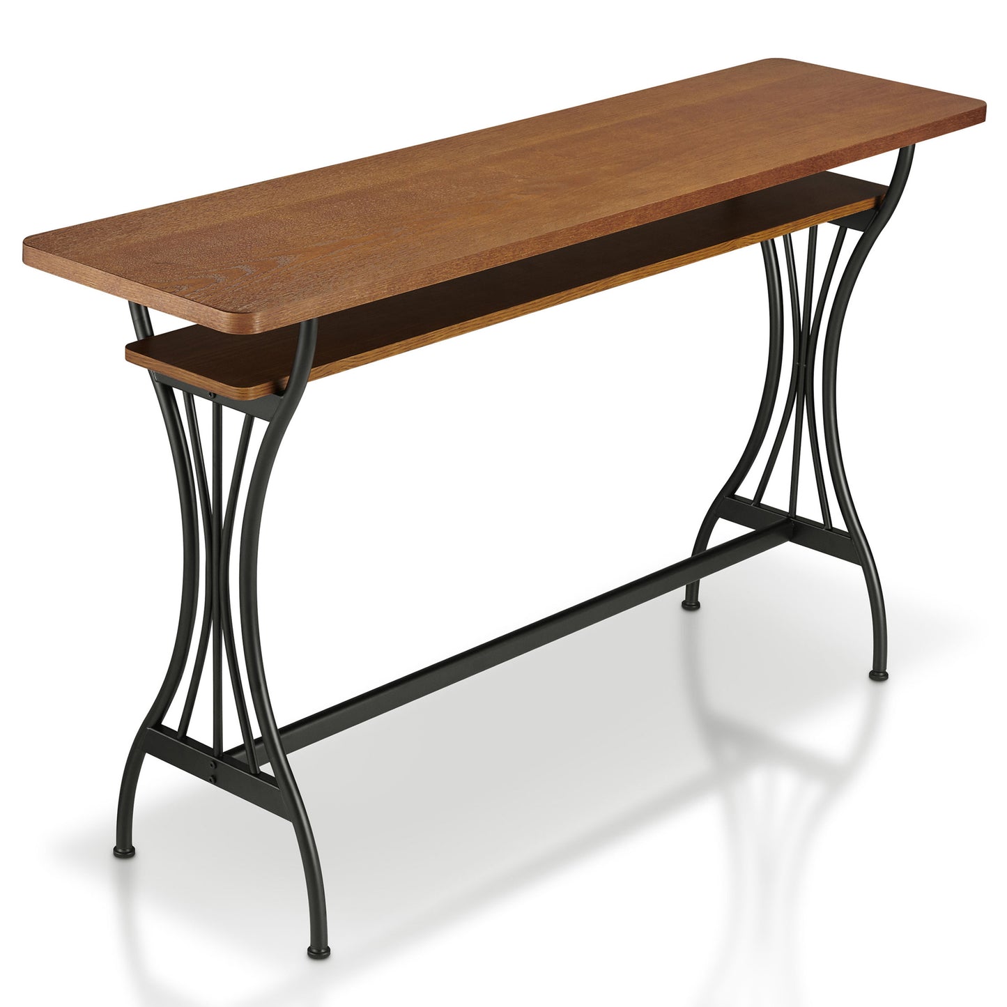 Right angled upper view of a modern industrial warm oak and black one-shelf counter height table on a white background