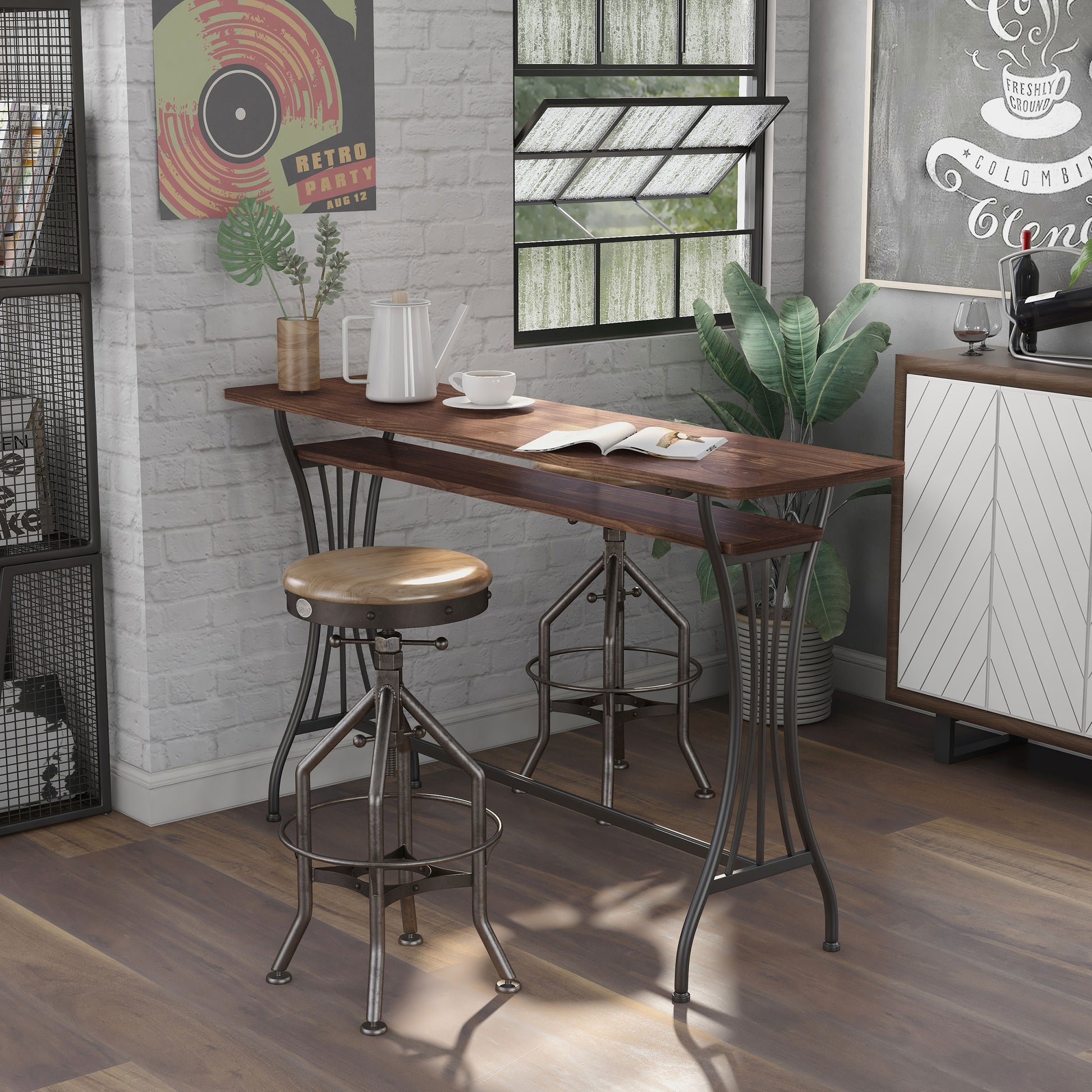 Left angled modern industrial toasted barnwood and black one-shelf counter height table in a home bar with accessories