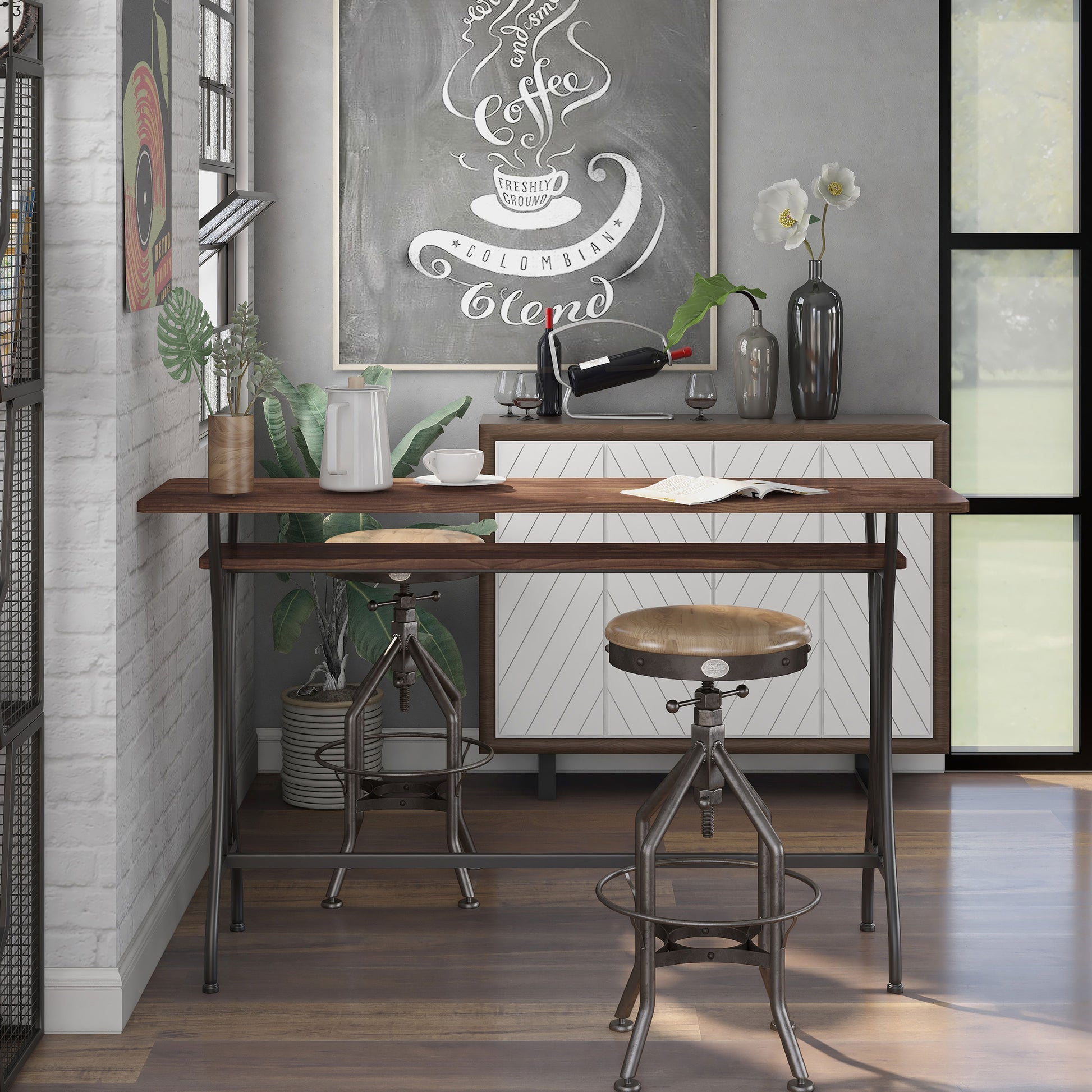 Front-facing modern industrial toasted barnwood and black one-shelf counter height table in a home bar with accessories