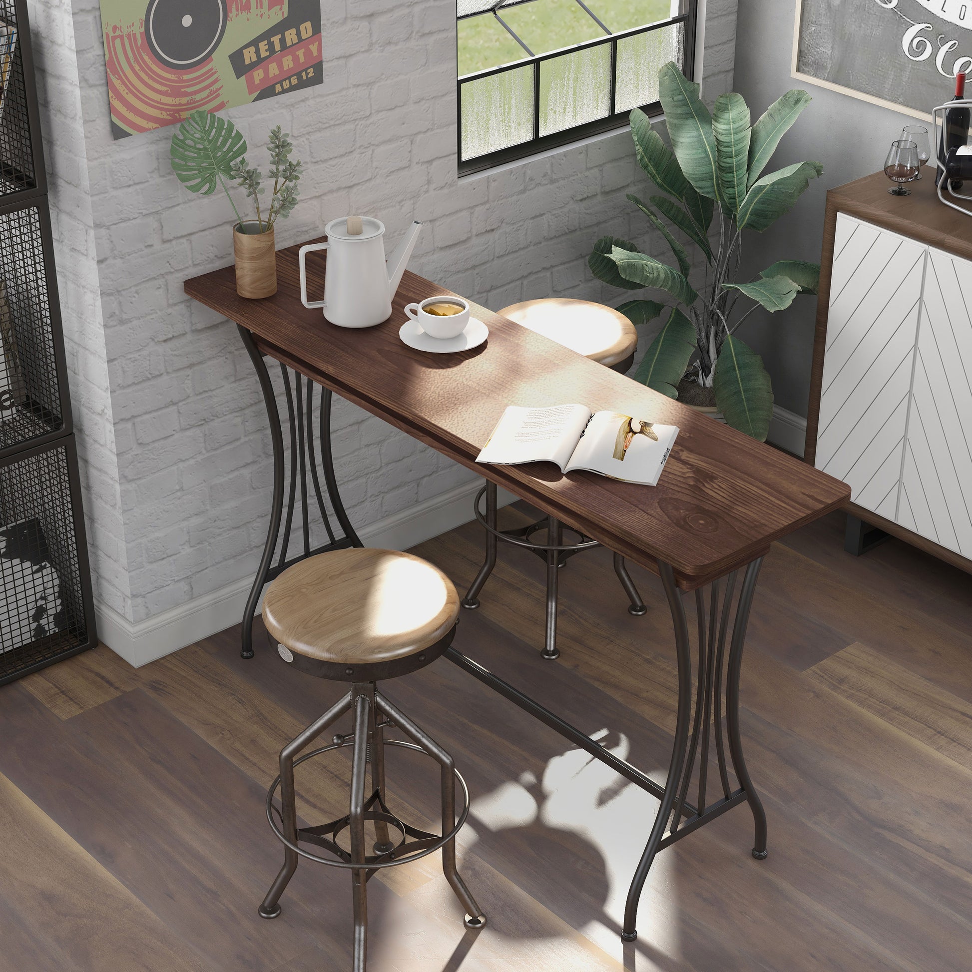 Left angled bird's eye view of a modern industrial toasted barnwood and black one-shelf counter height table in a home bar with accessories
