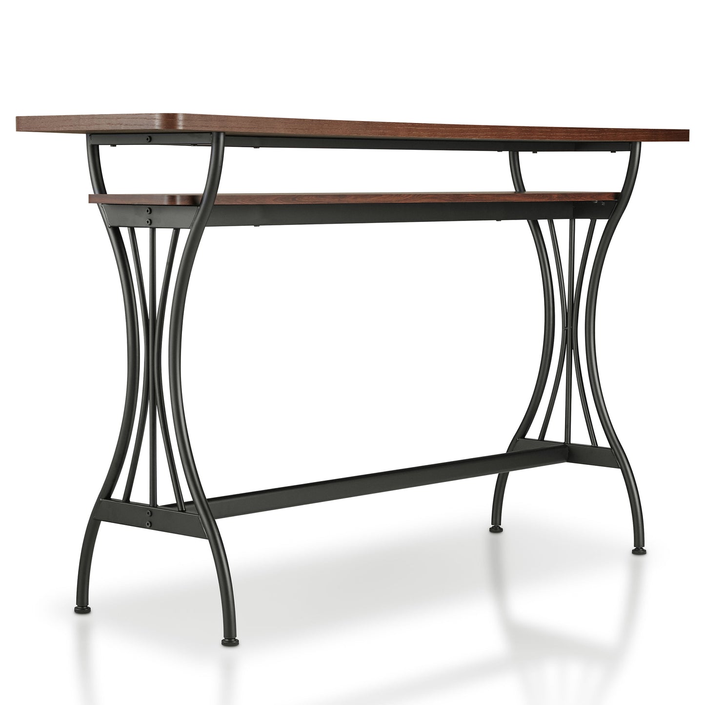 Right angled modern industrial toasted barnwood and black one-shelf counter height table on a white background