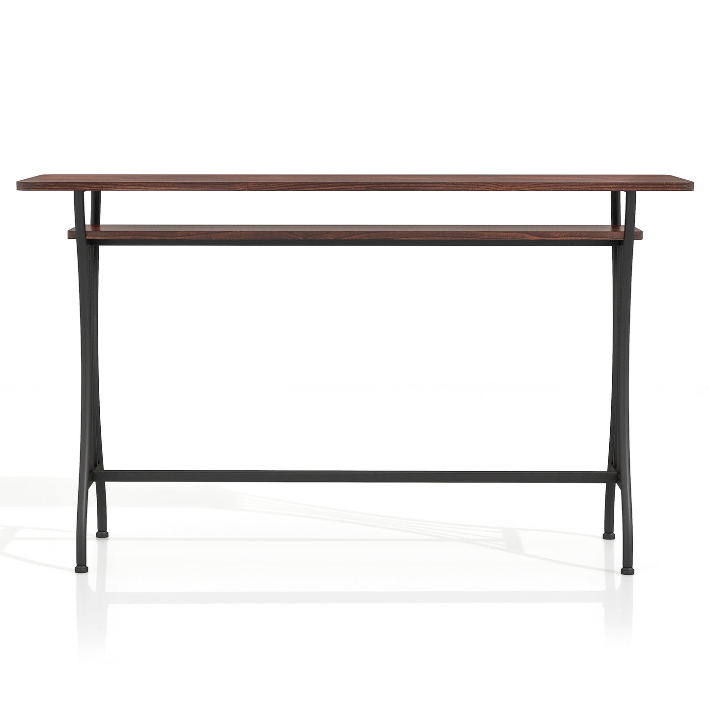 Front-facing modern industrial toasted barnwood and black one-shelf counter height table on a white background