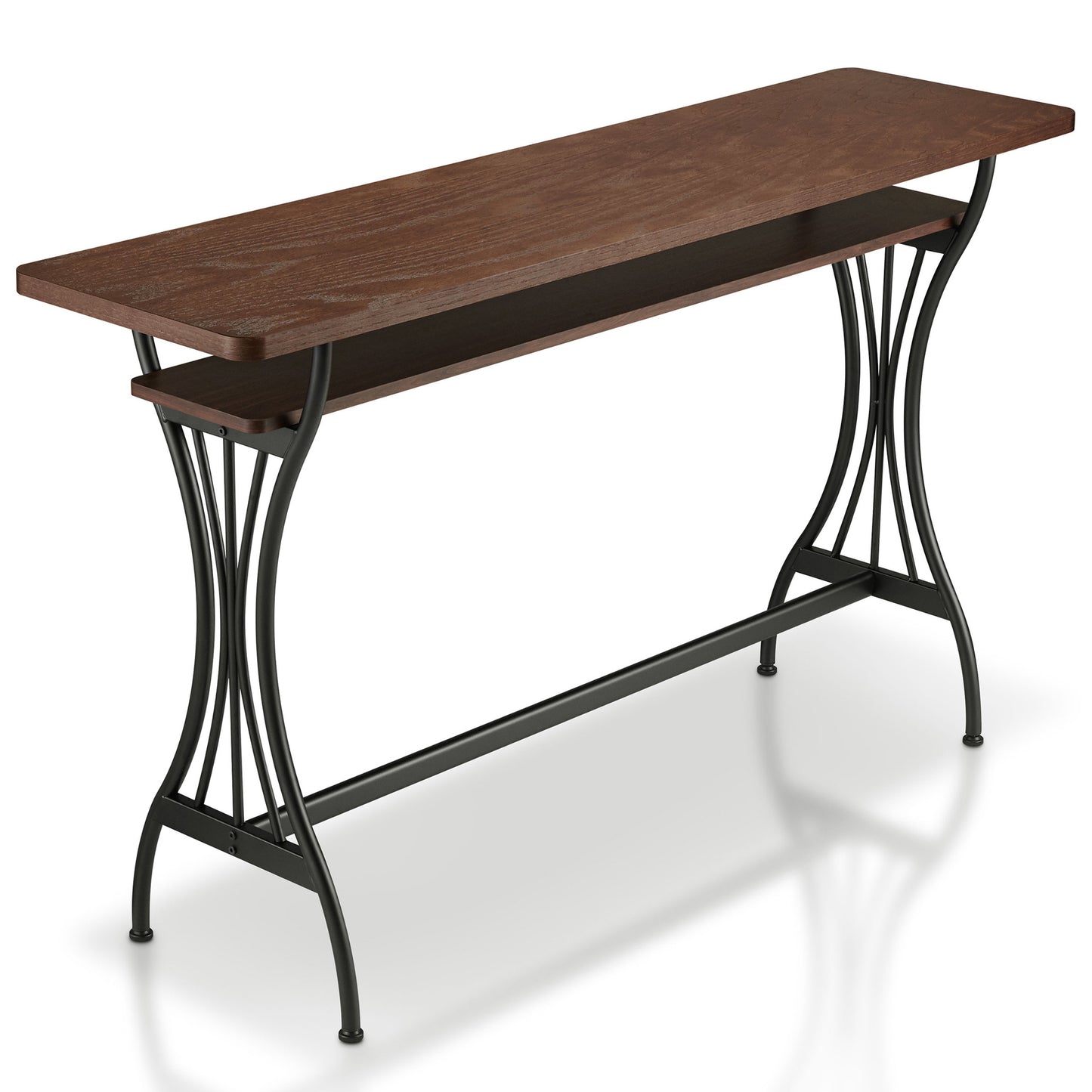Right angled upper view of a modern industrial toasted barnwood and black one-shelf counter height table on a white background