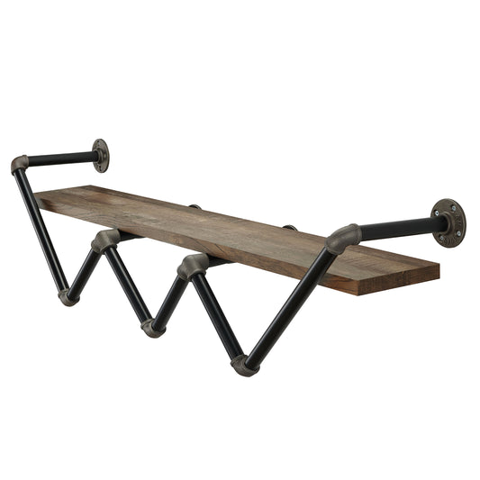 Left angled industrial reclaimed oak angular water pipe wall shelf on a white background