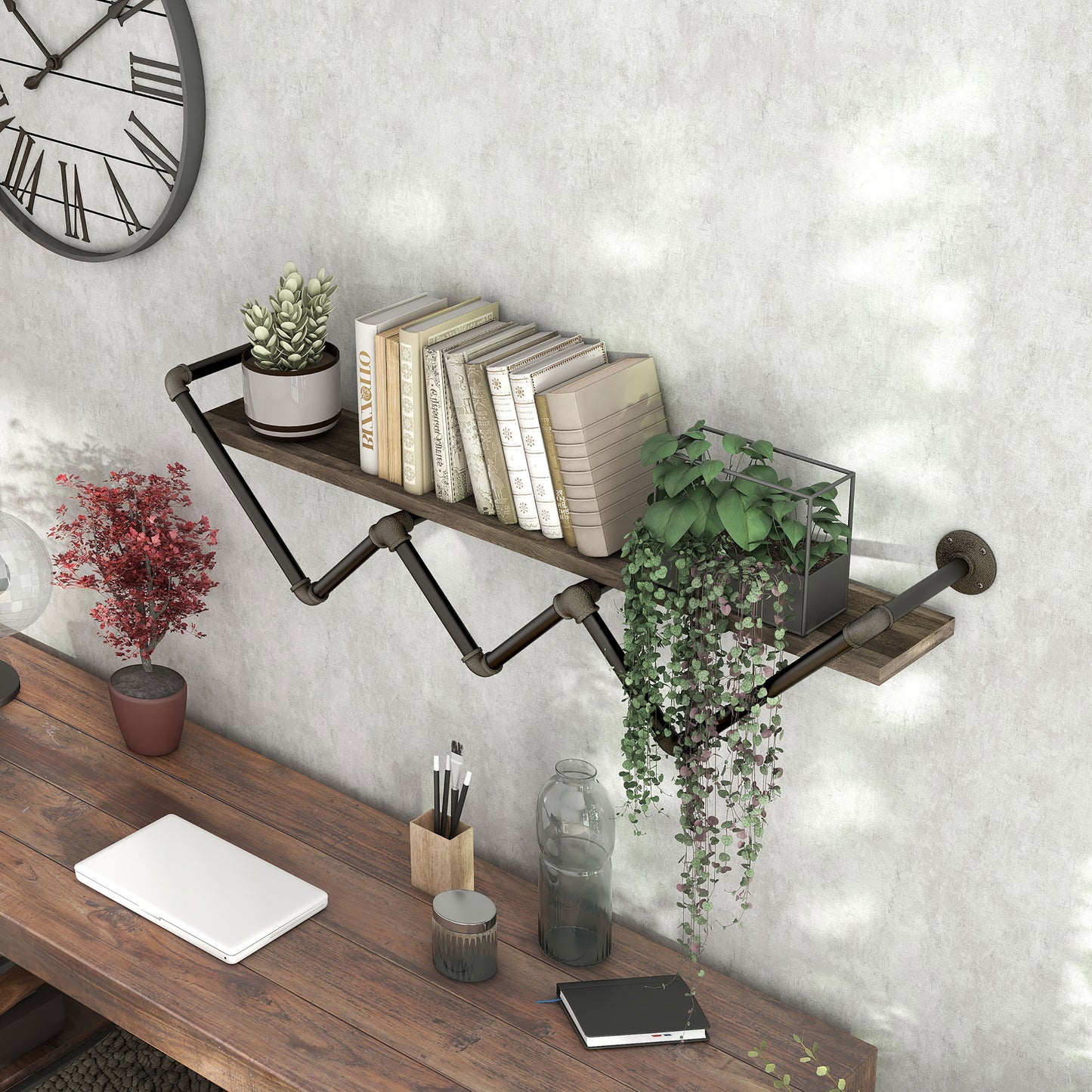 Left angled bird's eye view of an industrial reclaimed oak angular water pipe wall shelf in a living area with accessories