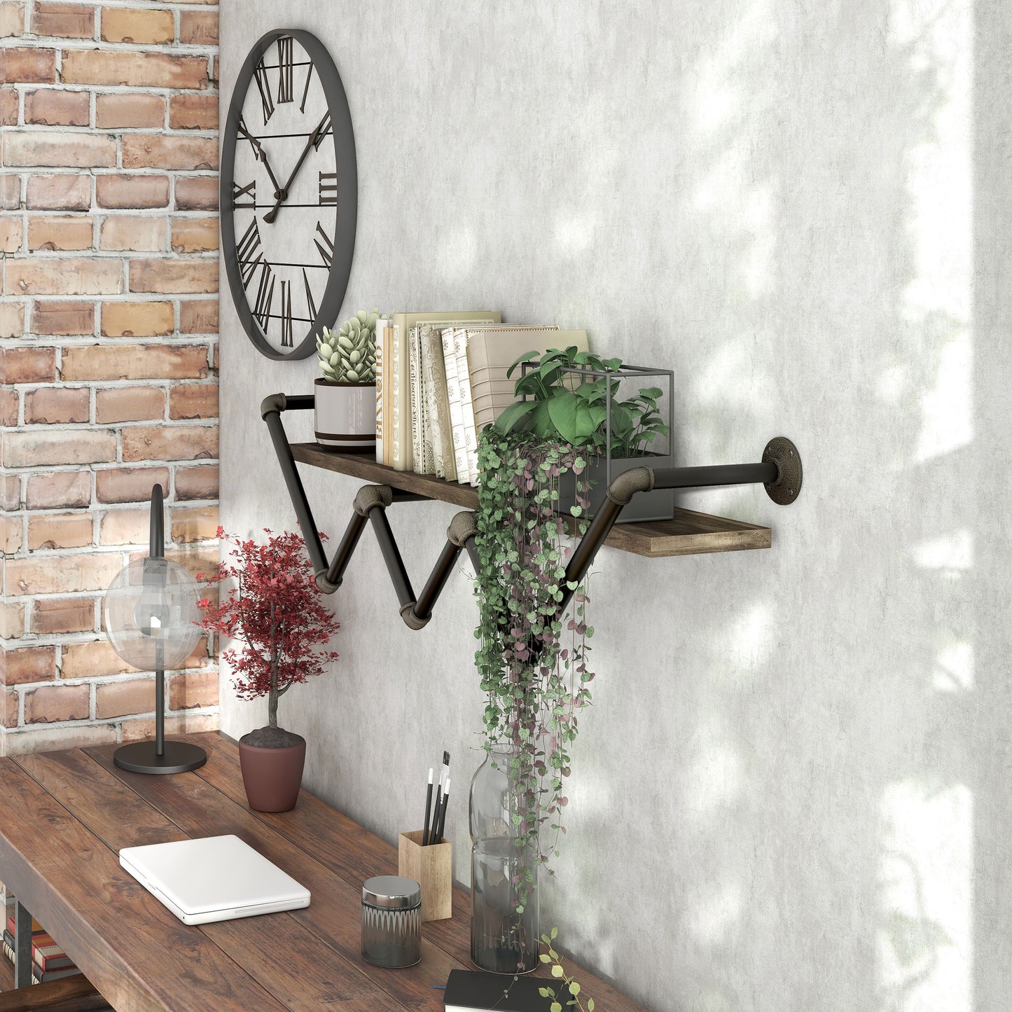 Left angled industrial reclaimed oak angular water pipe wall shelf in a living area with accessories