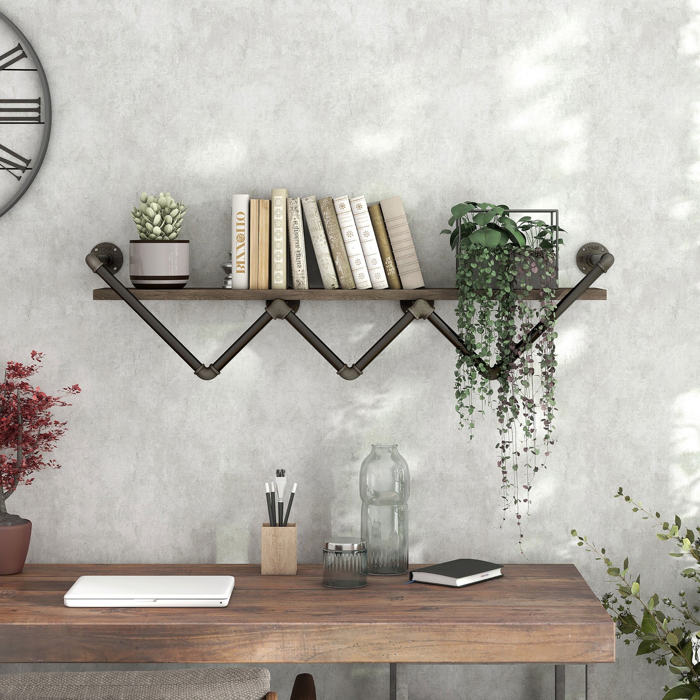 Front-facing industrial reclaimed oak angular water pipe wall shelf in a living area with accessories