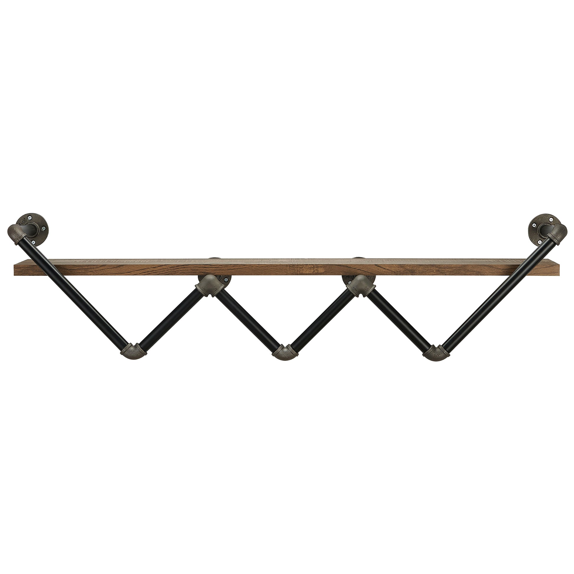 Front-facing industrial reclaimed oak angular water pipe wall shelf on a white background