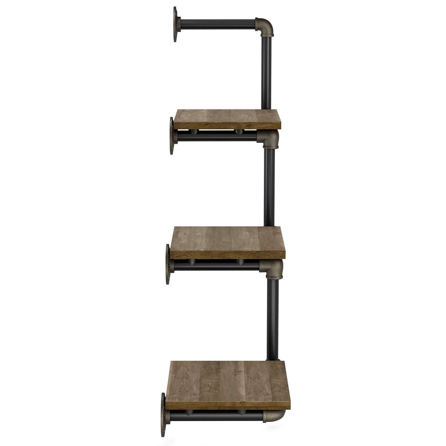 Front-facing side view of an industrial reclaimed oak three-tier water pipe wall shelf on a white background