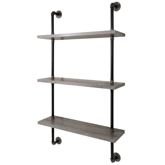 Left angled industrial vintage gray oak three-tier water pipe wall shelf on a white background