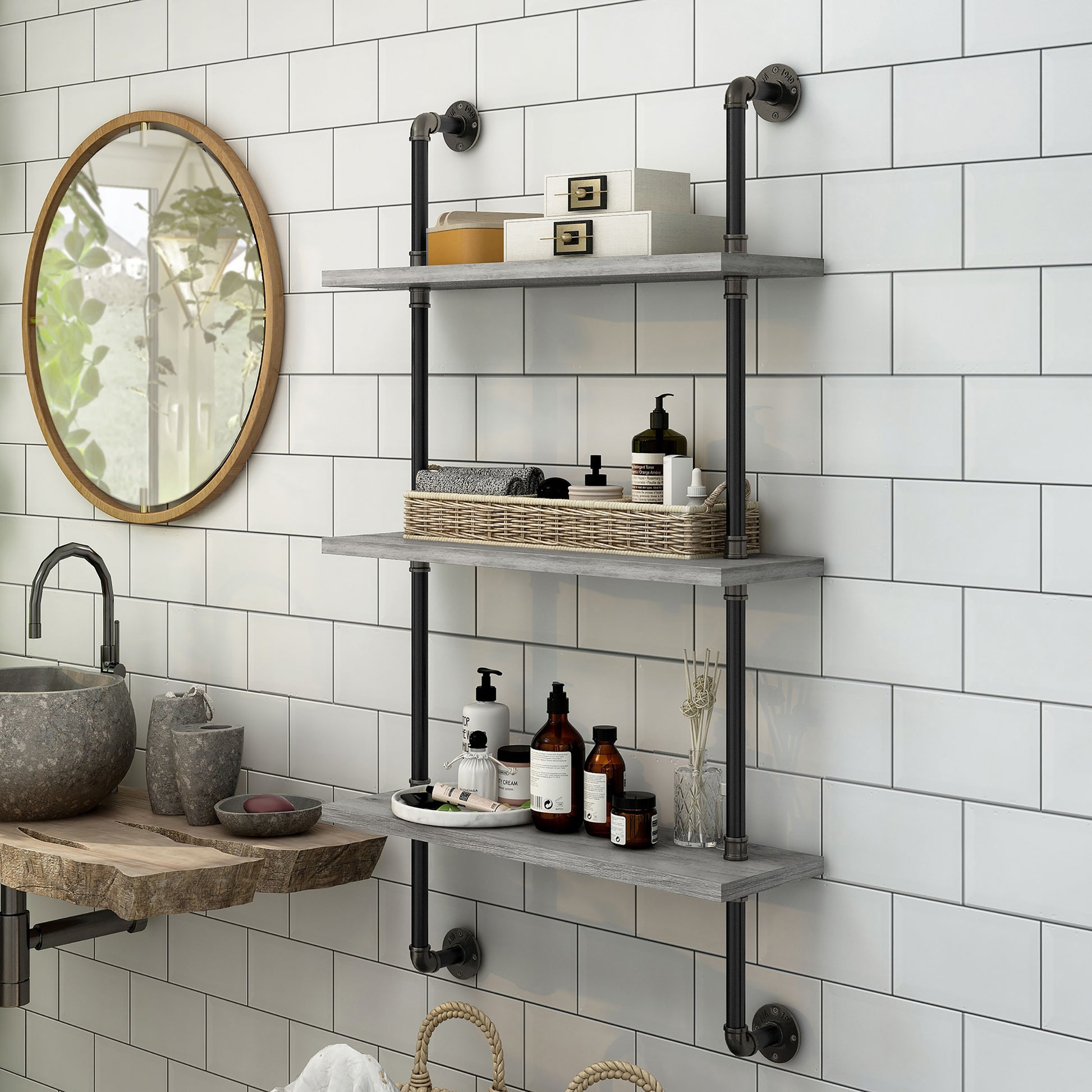 Left angled industrial vintage gray oak three-tier water pipe wall shelf in a bathroom with accessories