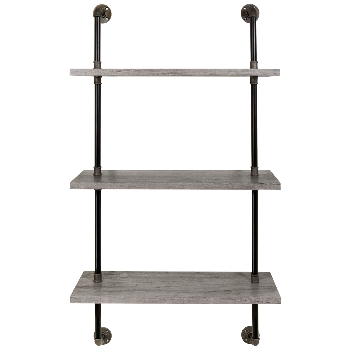 Front-facing industrial vintage gray oak three-tier water pipe wall shelf on a white background