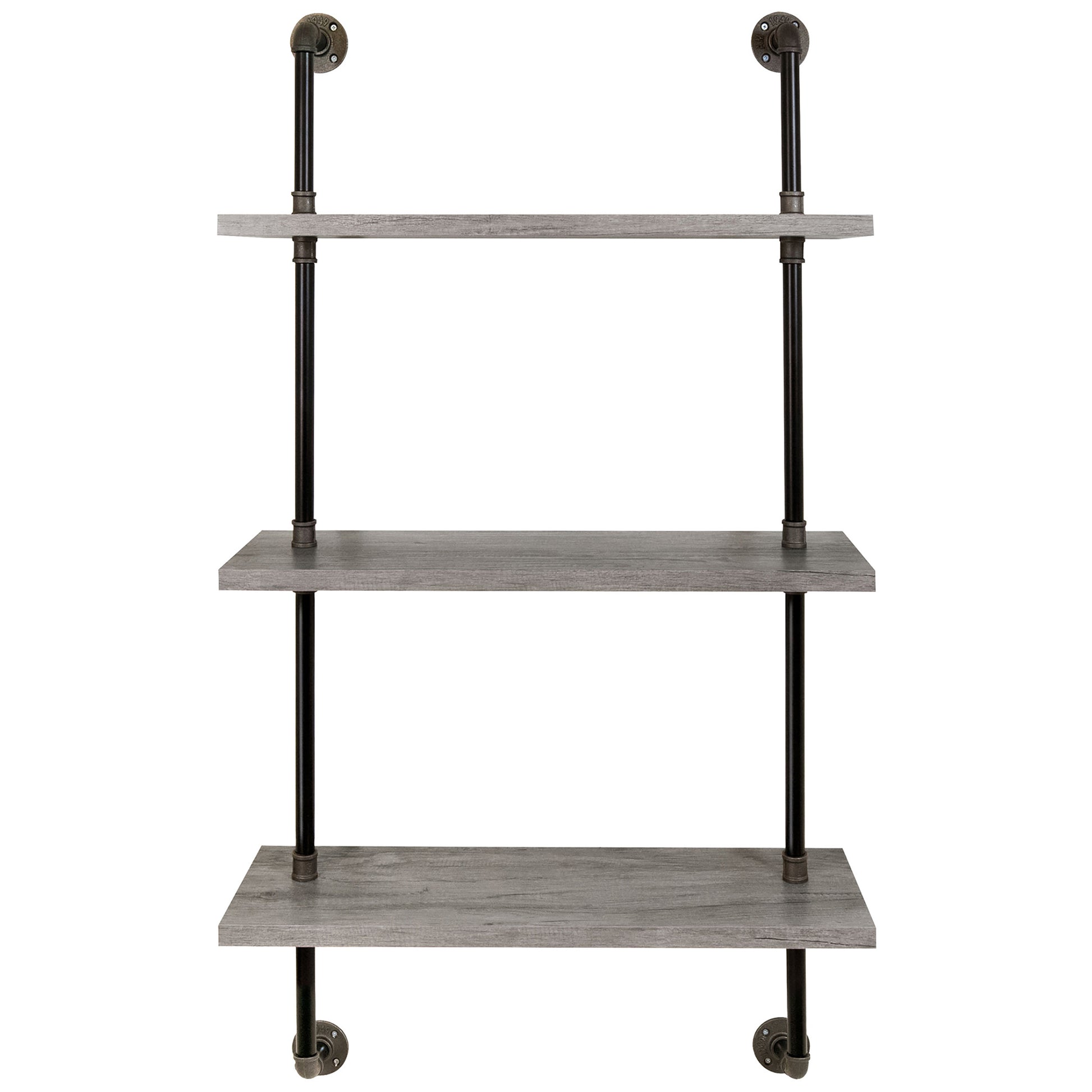 Front-facing industrial vintage gray oak three-tier water pipe wall shelf on a white background