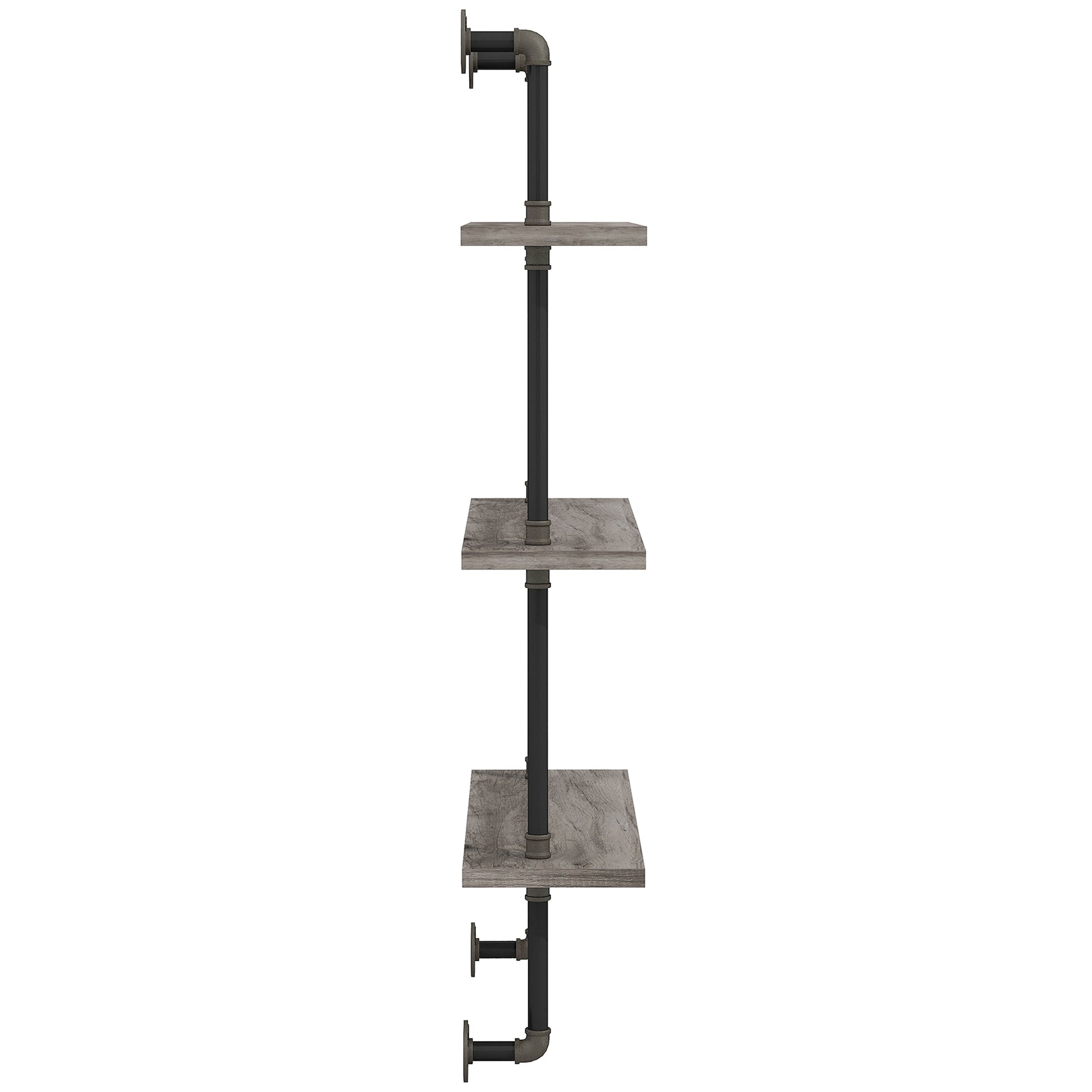 Front-facing side view of an industrial vintage gray oak three-tier water pipe wall shelf on a white background