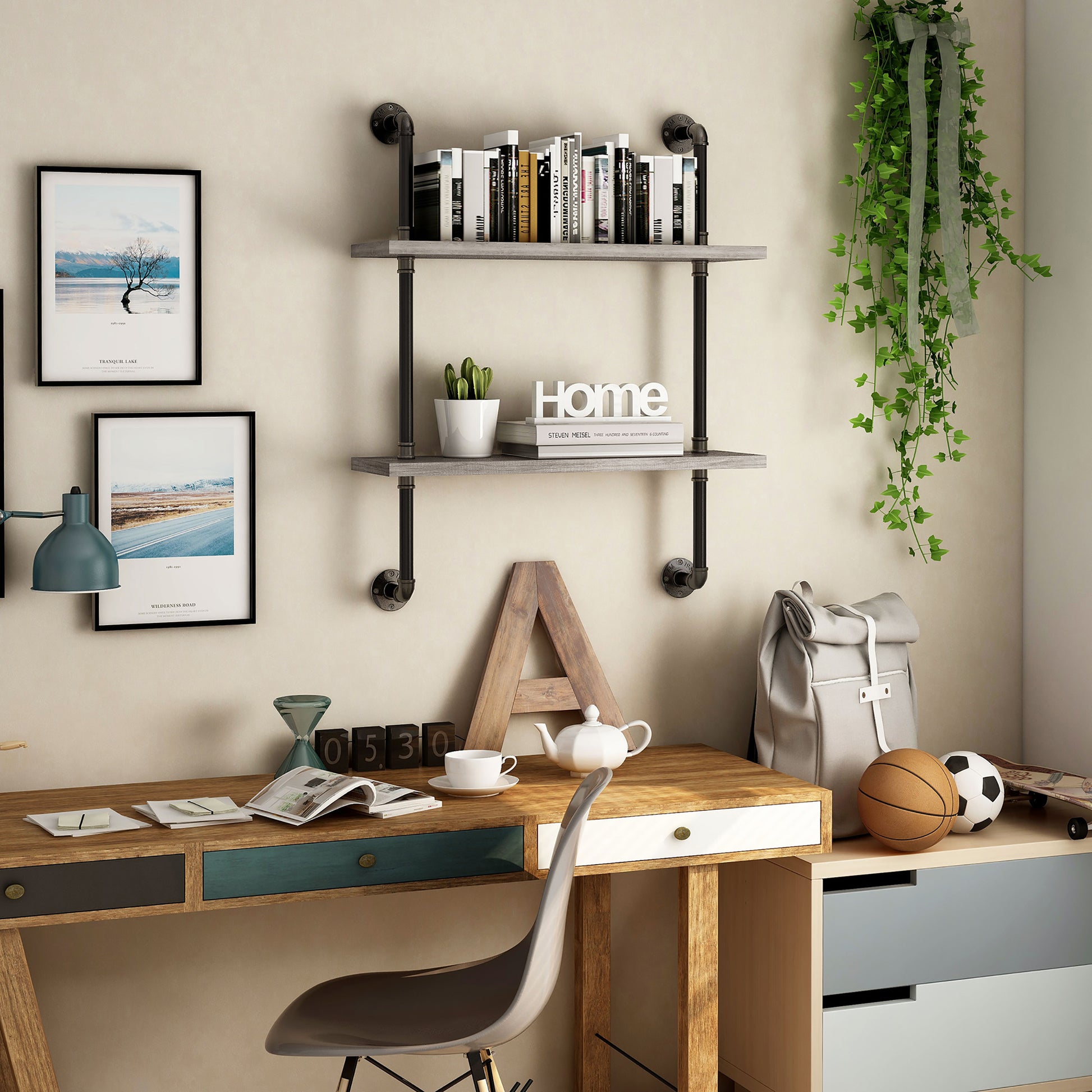 Left angled industrial vintage gray oak two-tier water pipe wall shelf in a home office with accessories