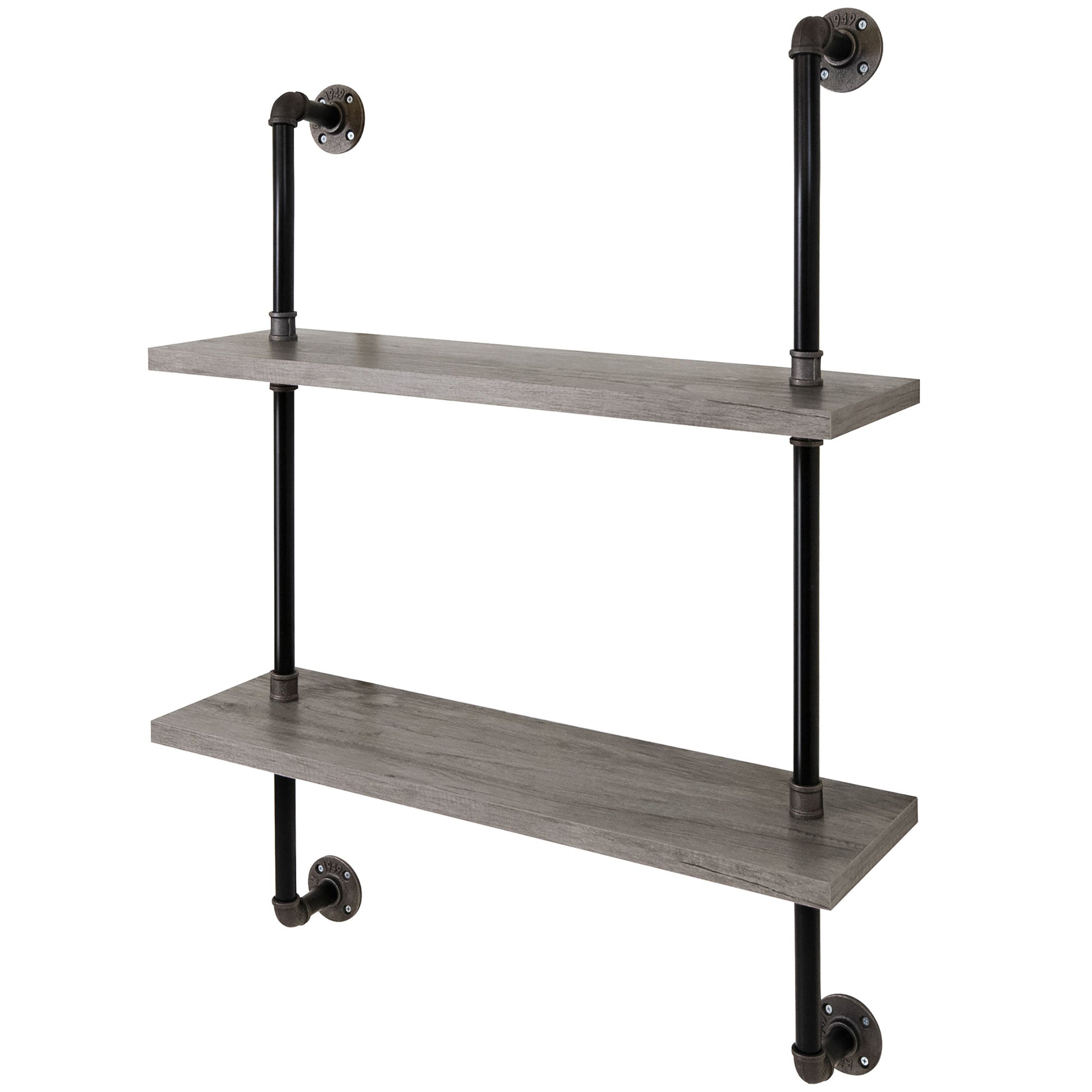 Left angled industrial vintage gray oak two-tier water pipe wall shelf on a white background