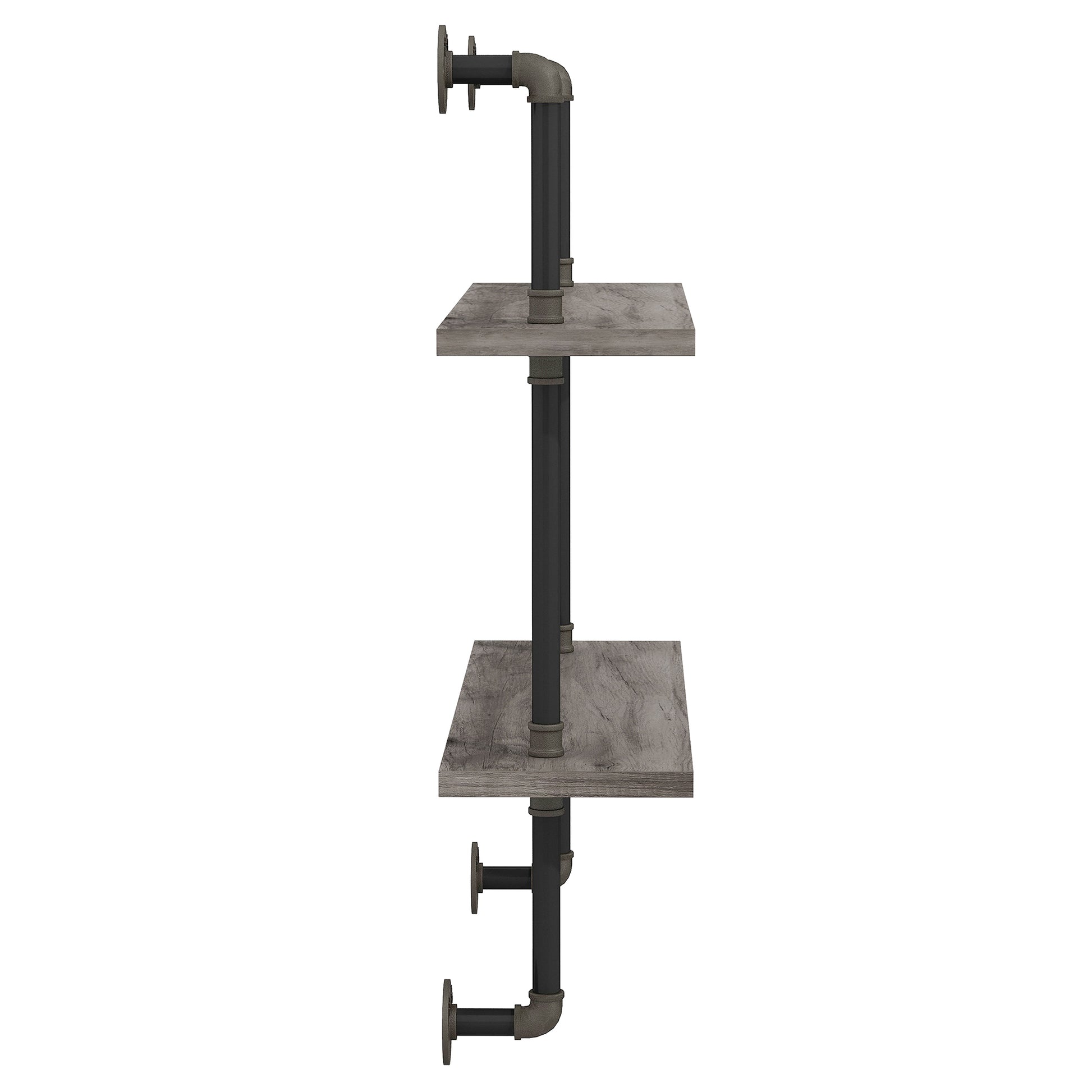 Front-facing side view of an industrial vintage gray oak two-tier water pipe wall shelf on a white background