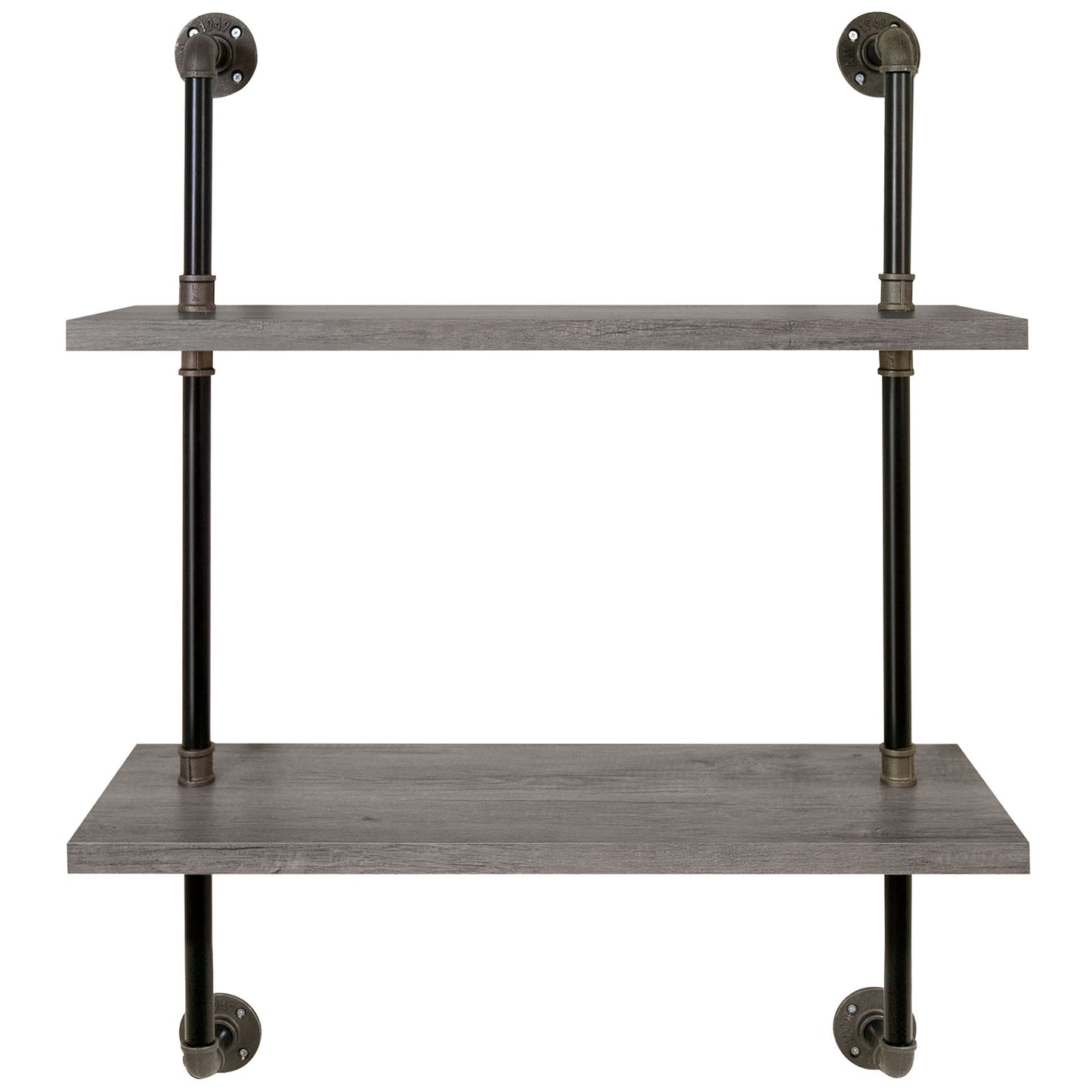 Front-facing industrial vintage gray oak two-tier water pipe wall shelf on a white background