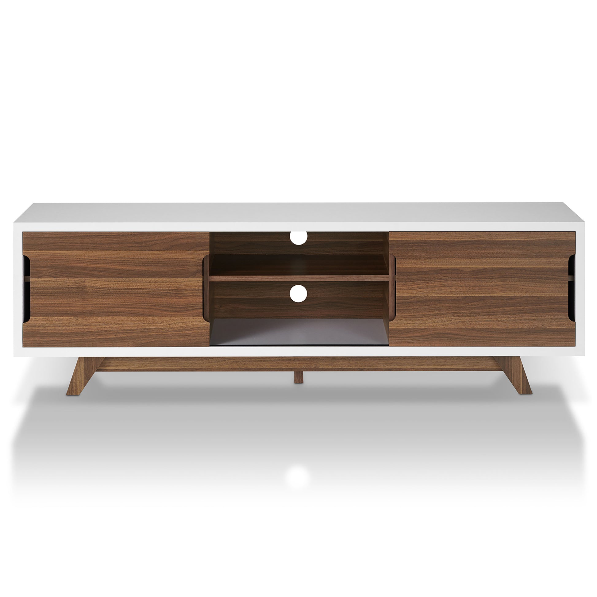 Front-facing mid-century modern white and walnut two-door eight-shelf TV stand on a white background