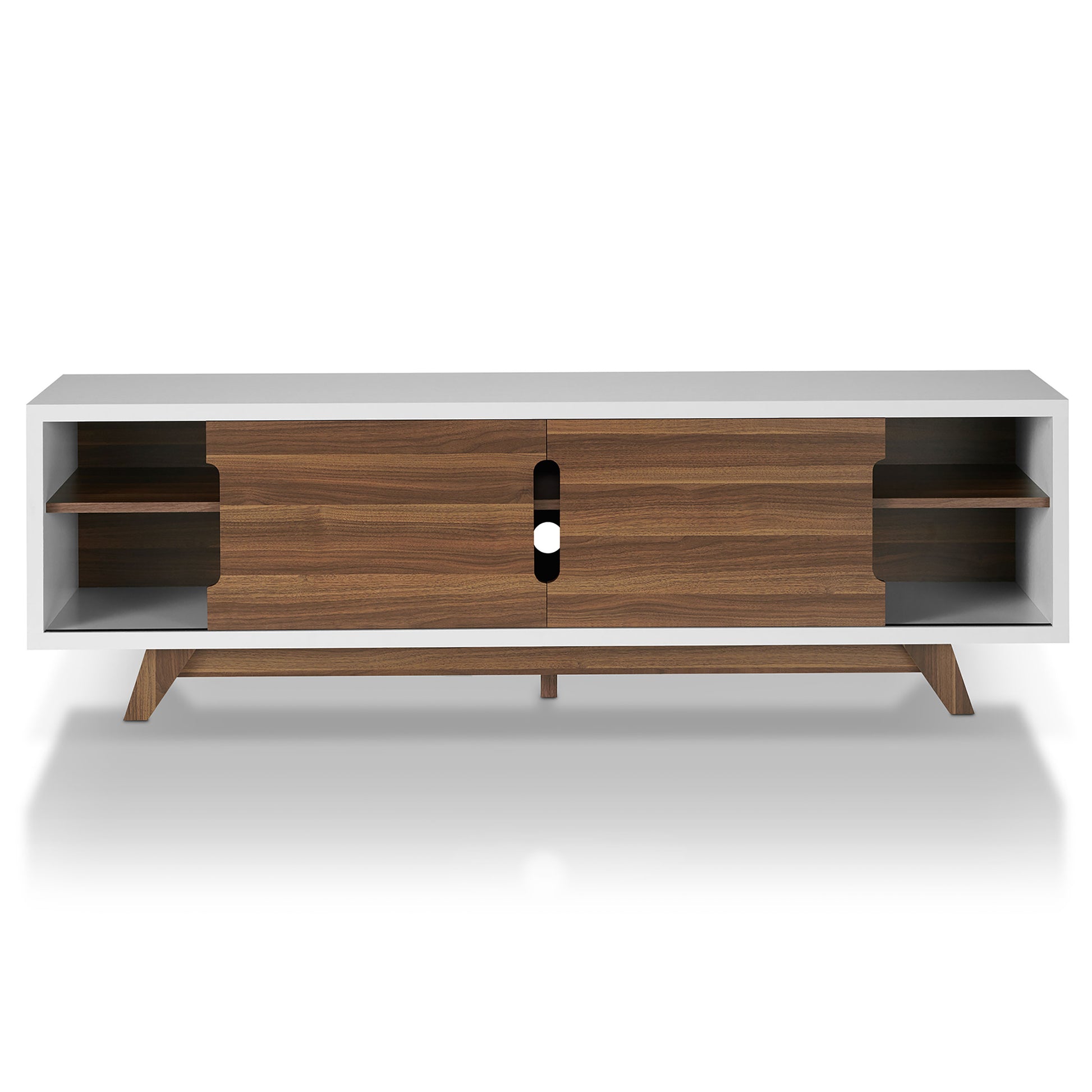 Front-facing mid-century modern white and walnut two-door eight-shelf TV stand on a white background