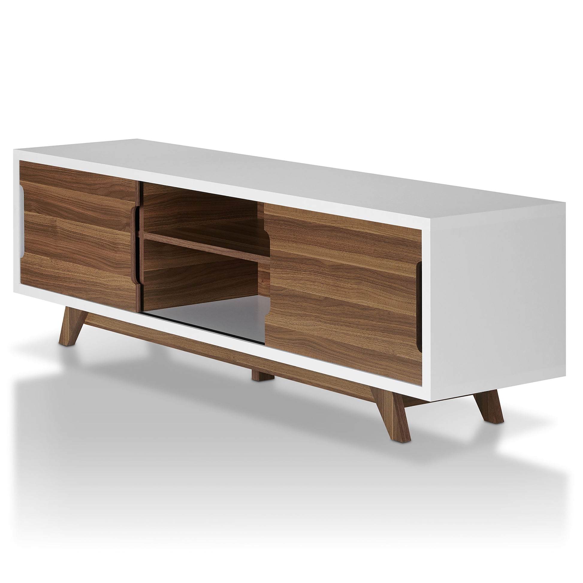 Left angled mid-century modern white and walnut two-door eight-shelf TV stand on a white background