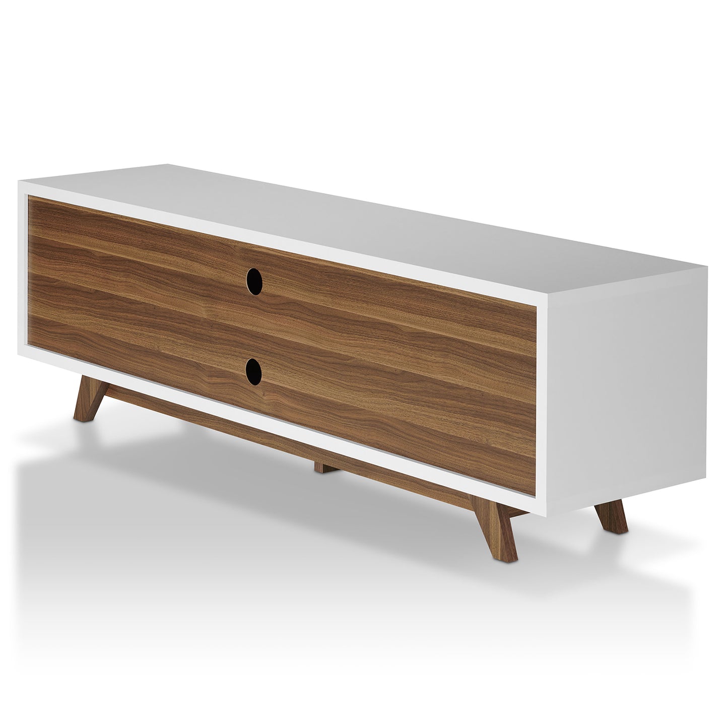 Left angled back view of a mid-century modern white and walnut two-door eight-shelf TV stand on a white background