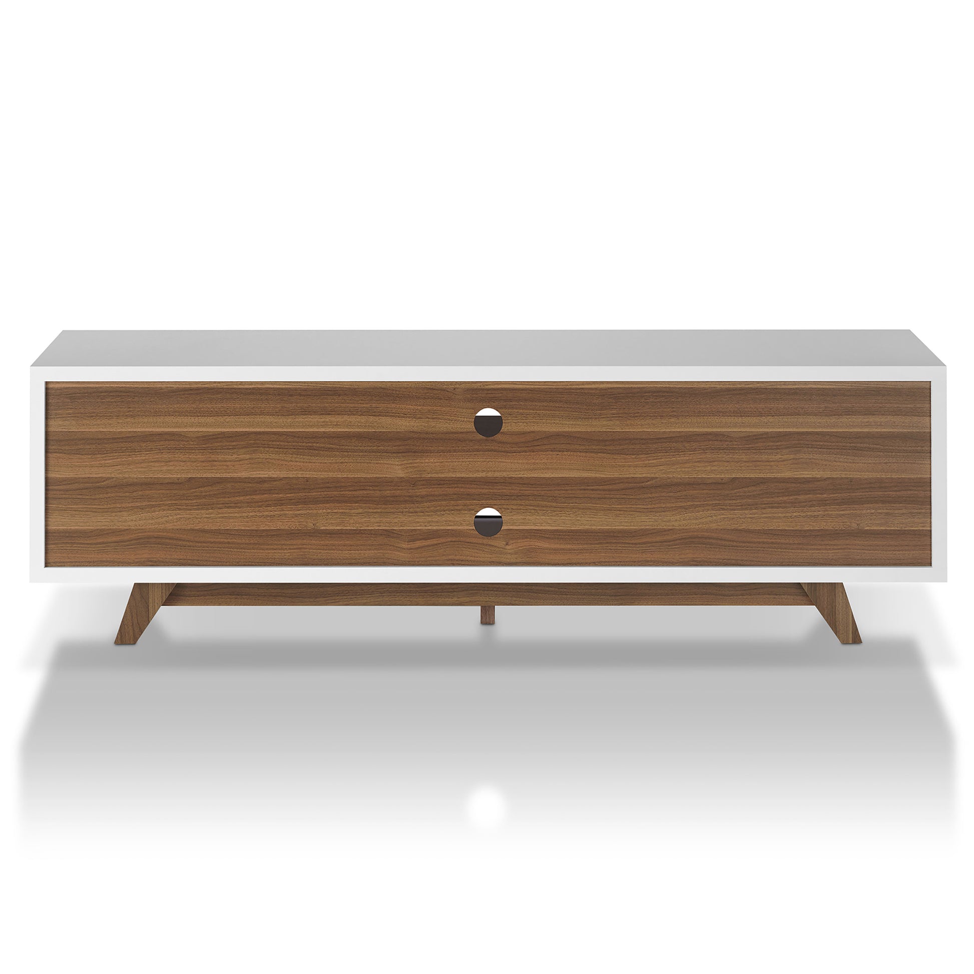 Front-facing back view of a mid-century modern white and walnut two-door eight-shelf TV stand on a white background