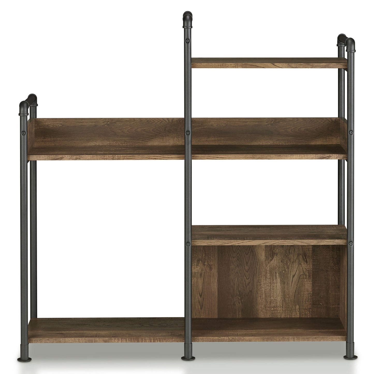 Front-facing industrial reclaimed oak and black water pipe six-shelf open bookcase on a white background