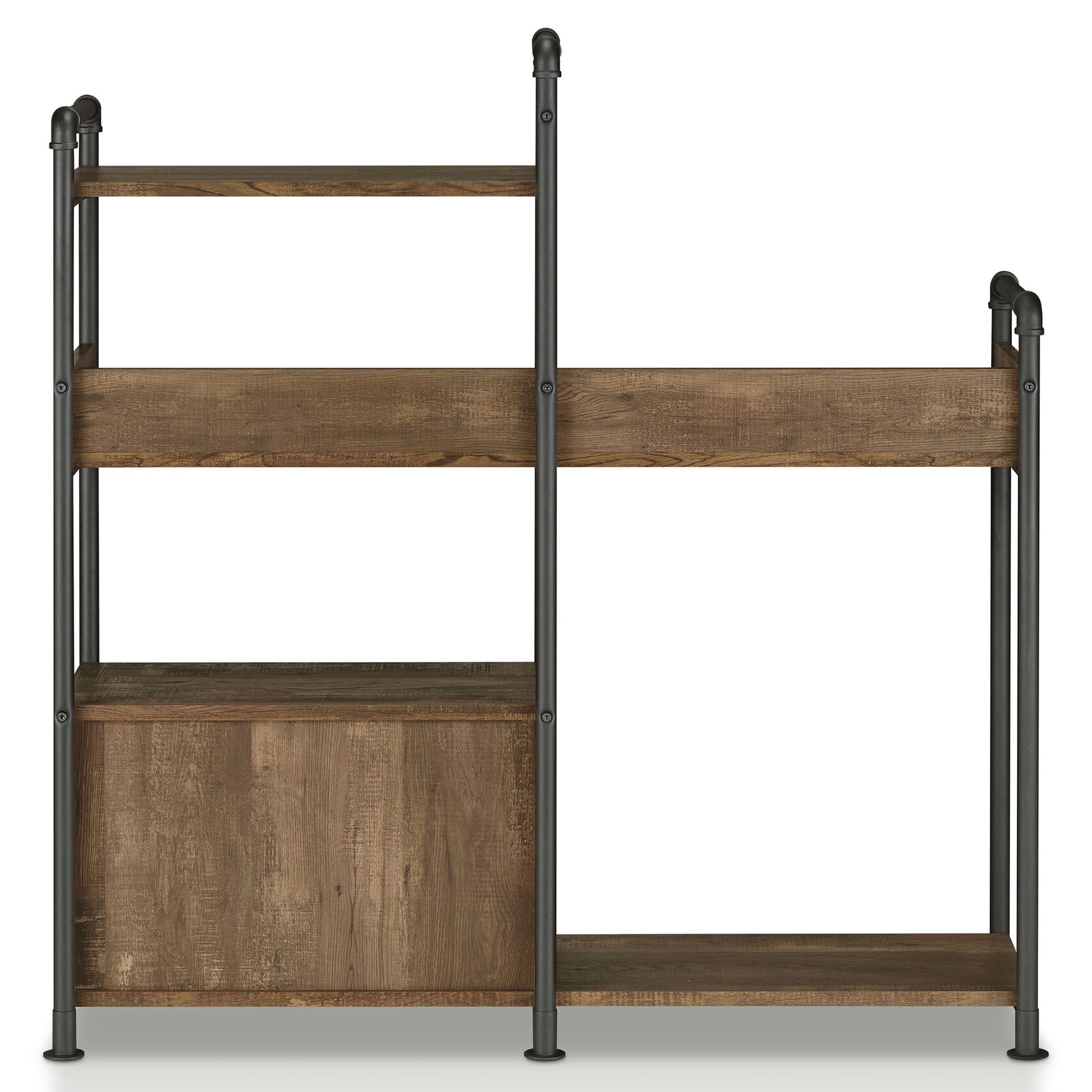 Front-facing back view of an industrial reclaimed oak and black water pipe six-shelf open bookcase on a white background