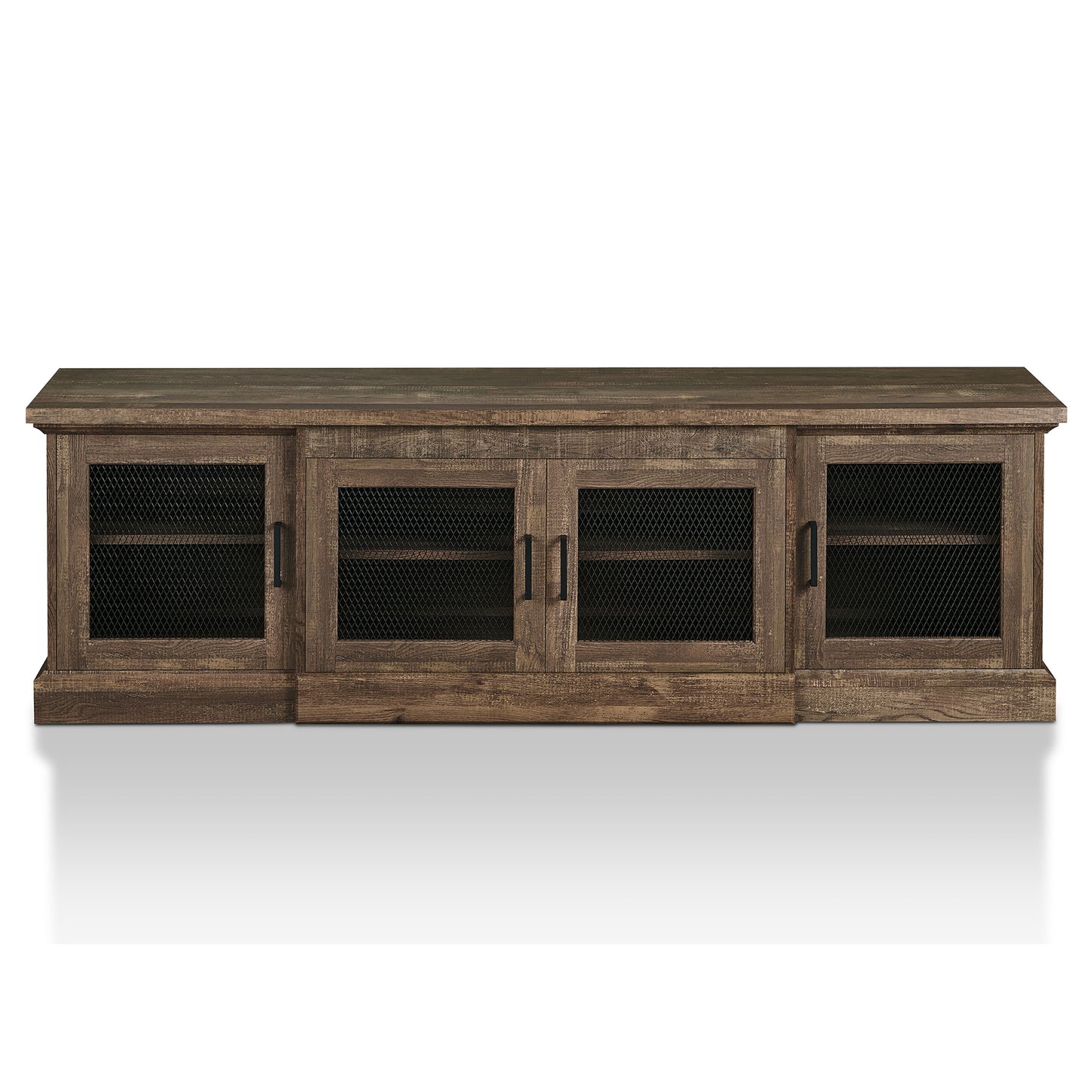 Front-facing rustic reclaimed oak six-shelf TV stand with mesh doors on a white background