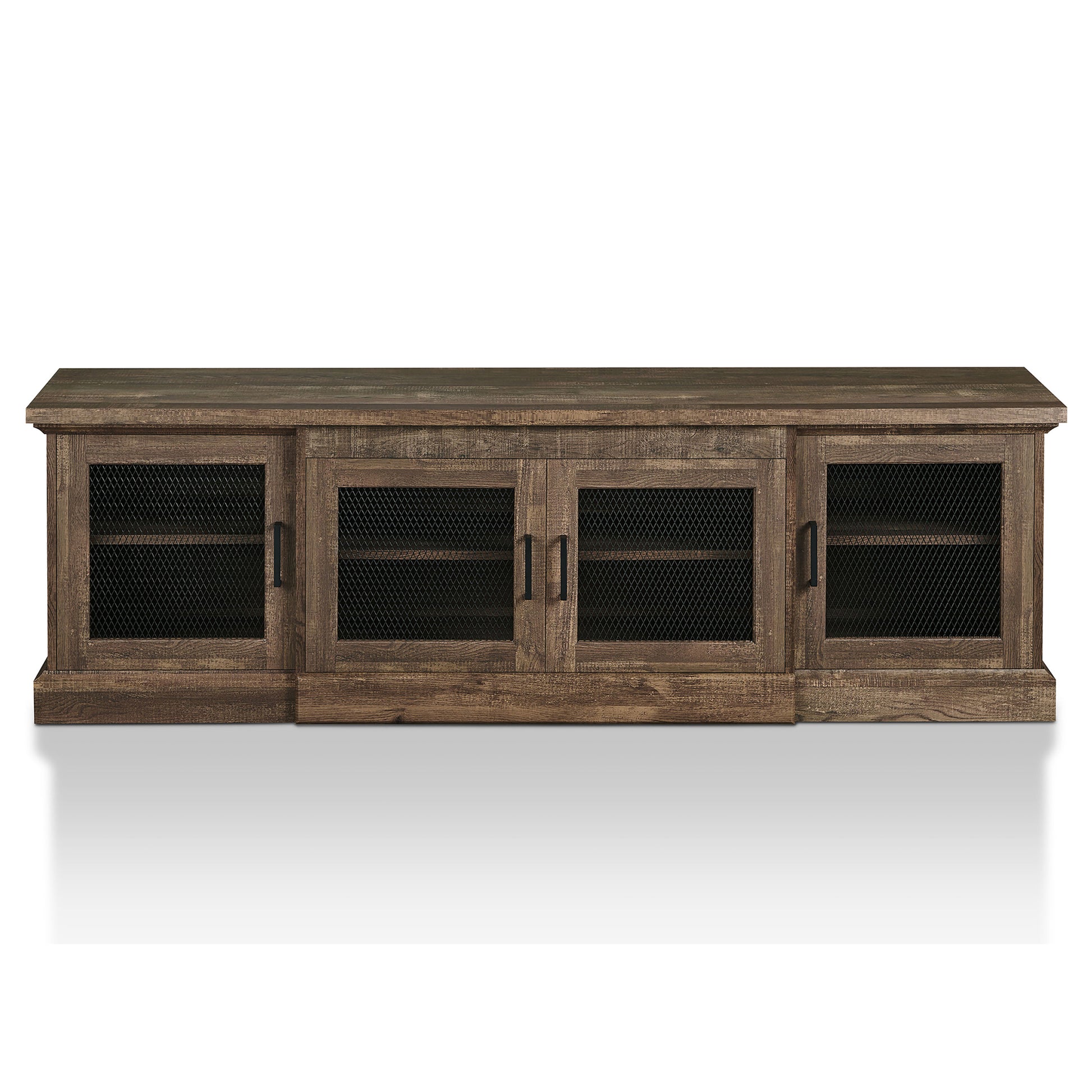 Front-facing rustic reclaimed oak six-shelf TV stand with mesh doors on a white background