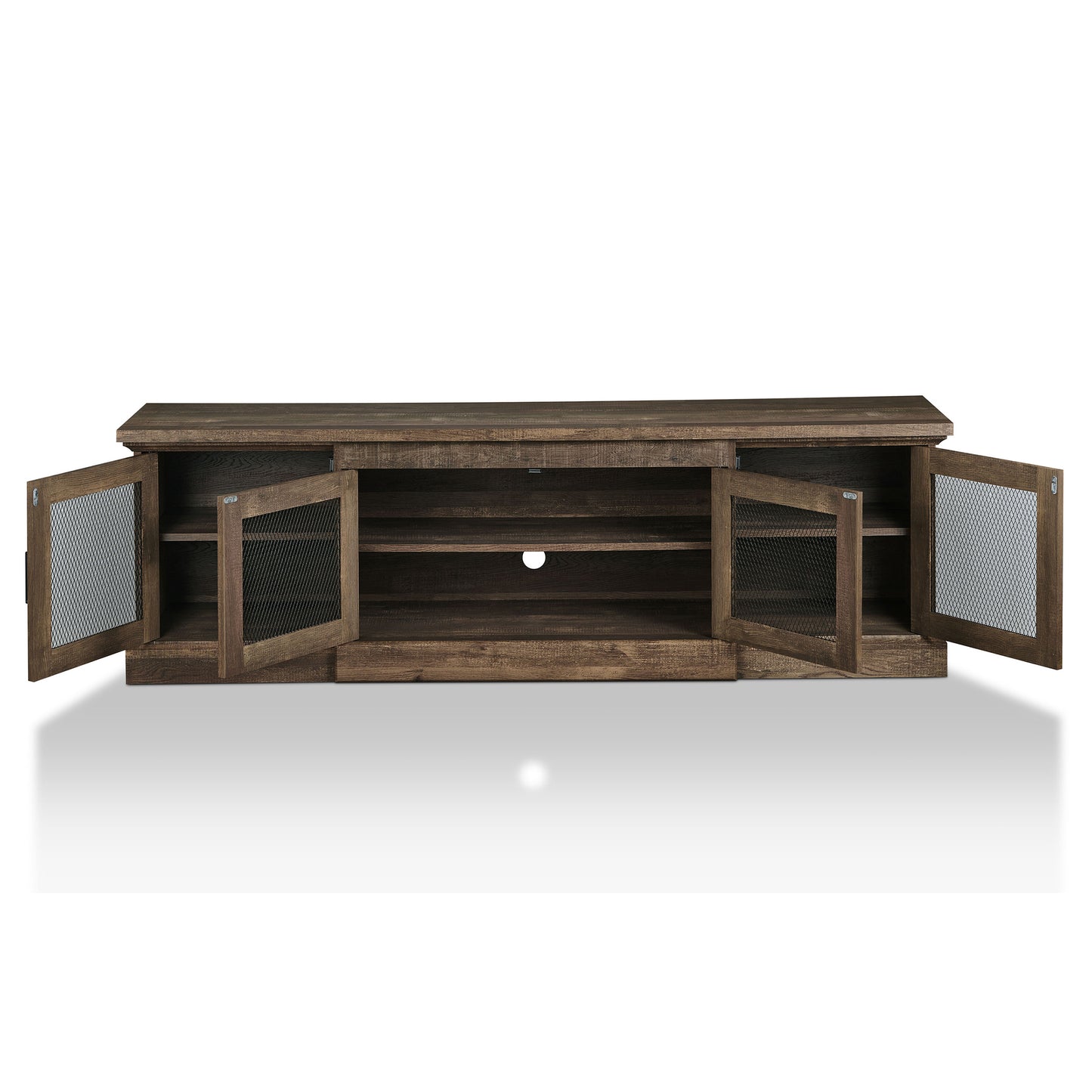 Front-facing rustic reclaimed oak six-shelf TV stand with mesh doors open on a white background