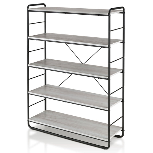 Left angled rustic coastal white and black five-shelf open bookcase on a white background