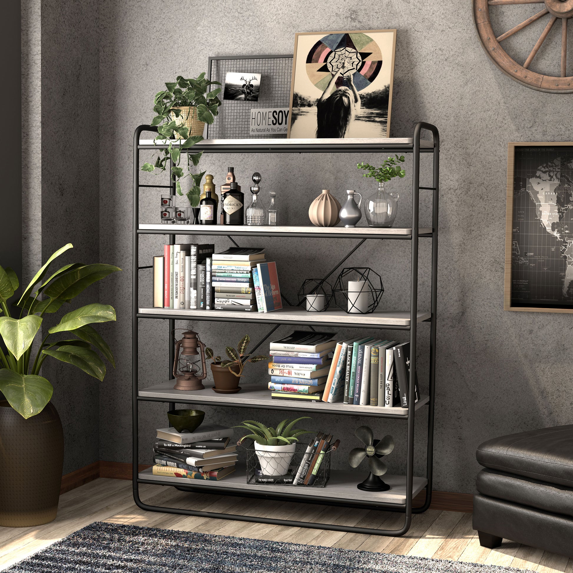Left angled rustic coastal white and black five-shelf open bookcase in a living area with accessories