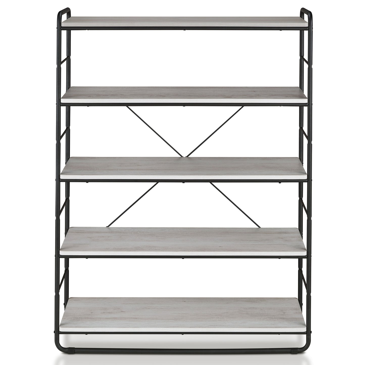 Front-facing rustic coastal white and black five-shelf open bookcase on a white background
