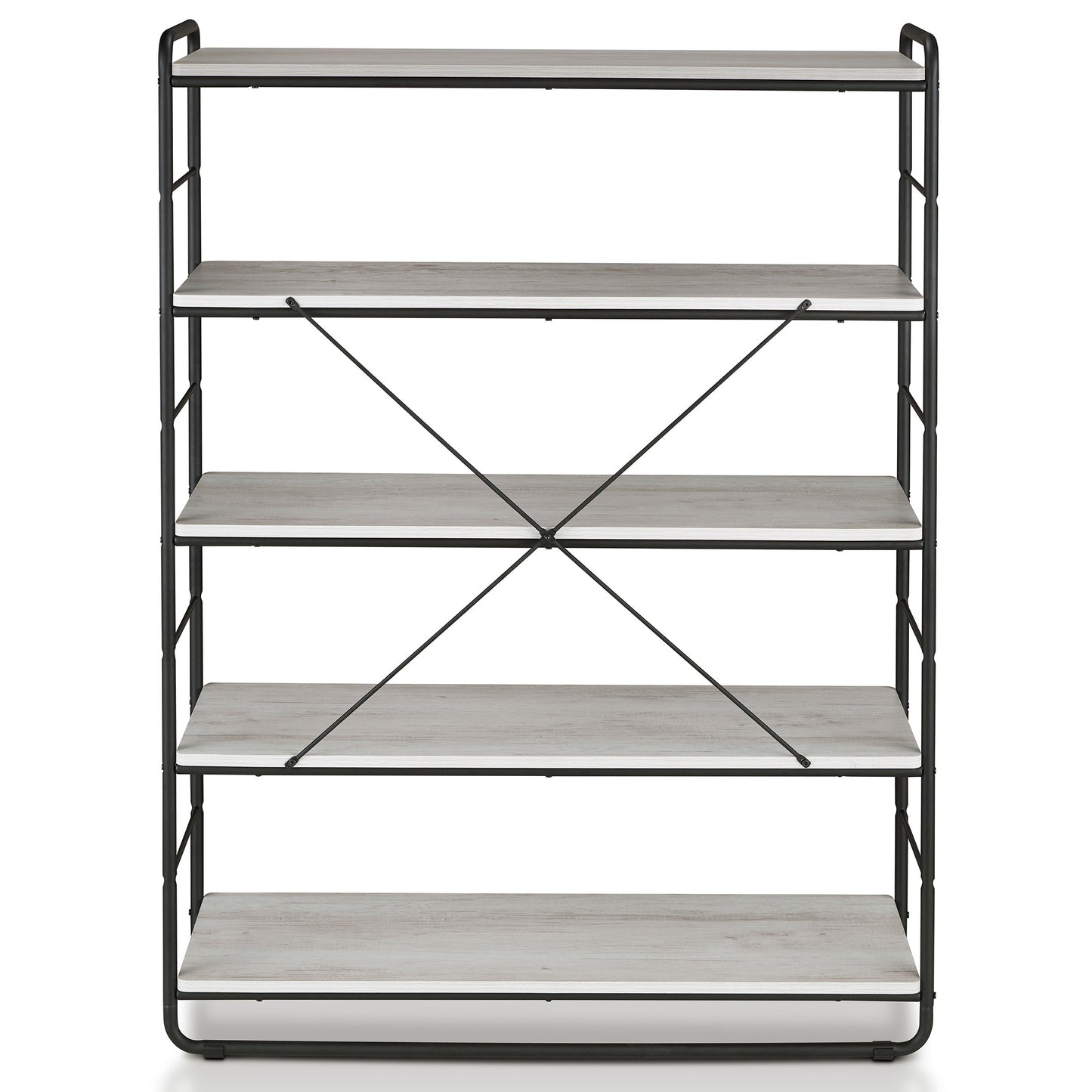 Front-facing back view of a rustic coastal white and black five-shelf open bookcase on a white background