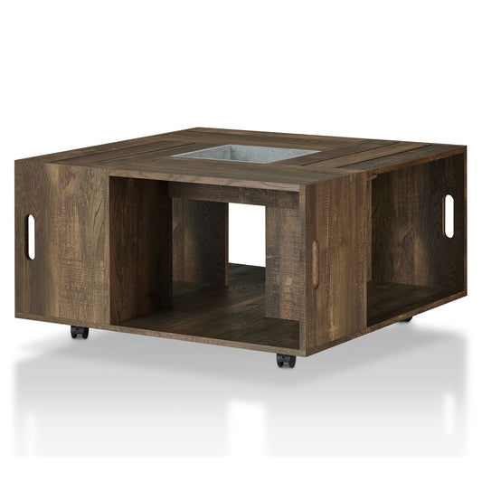 Angled rustic reclaimed oak crate-style mobile storage coffee table on a white background