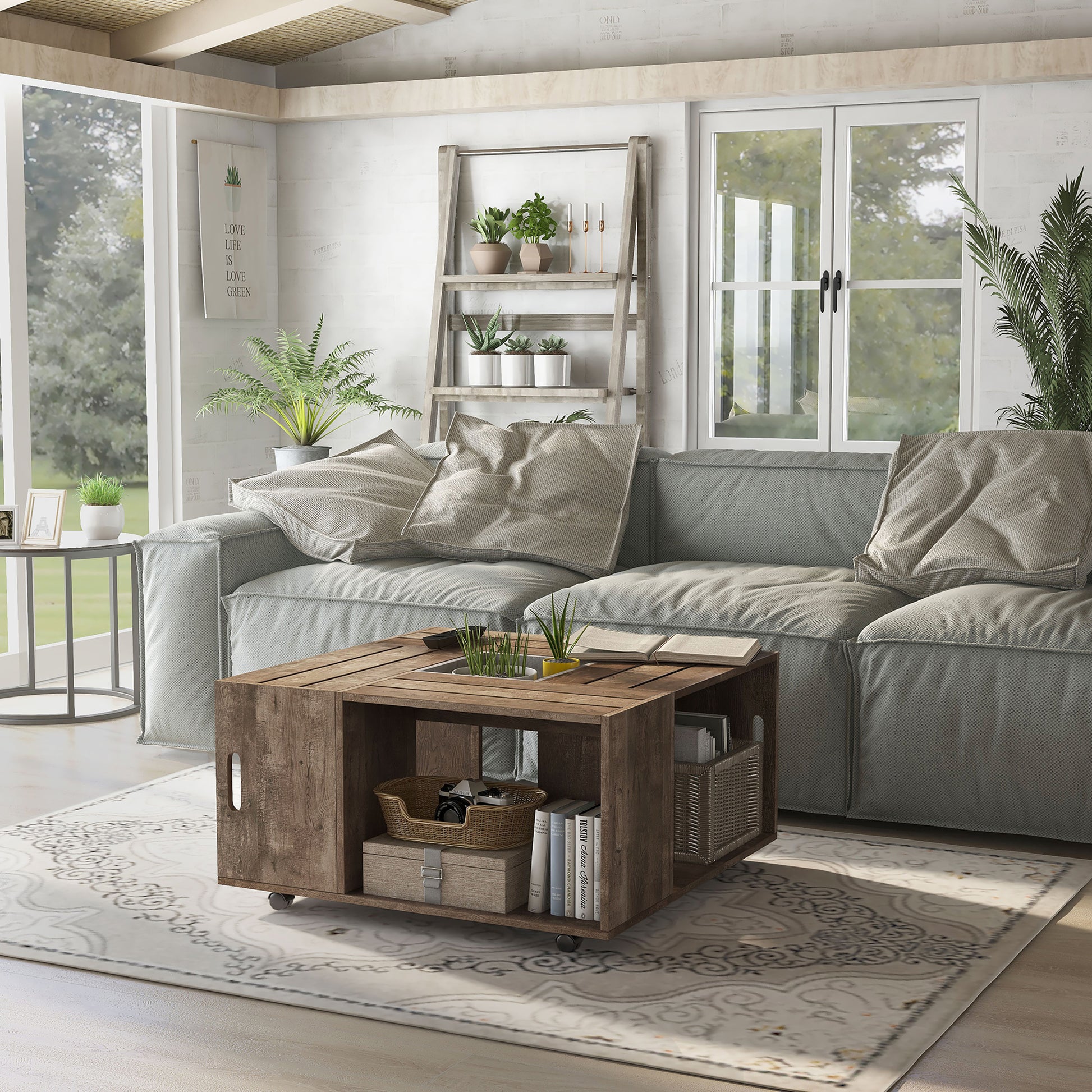 Left angled rustic reclaimed oak crate-style mobile storage coffee table in a living room with accessories