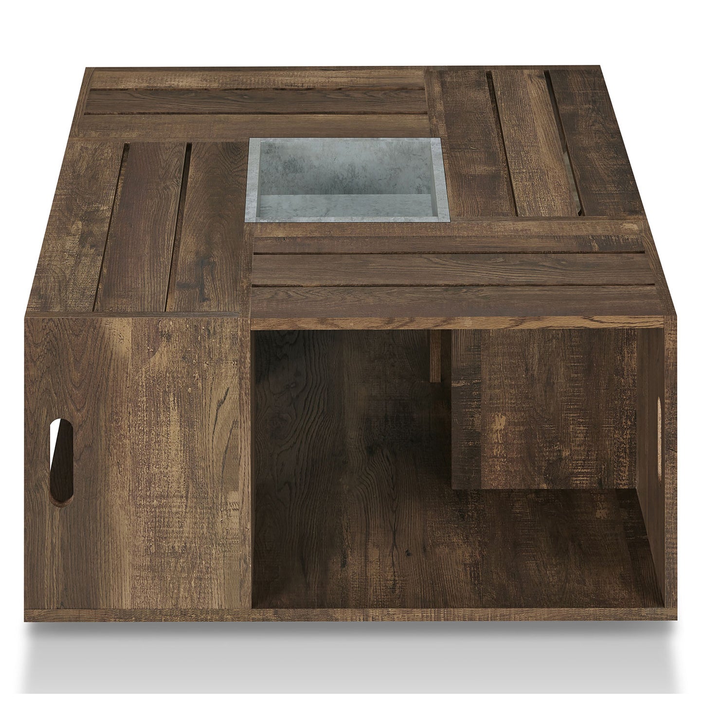 Front-facing rustic reclaimed oak crate-style mobile storage coffee table on a white background