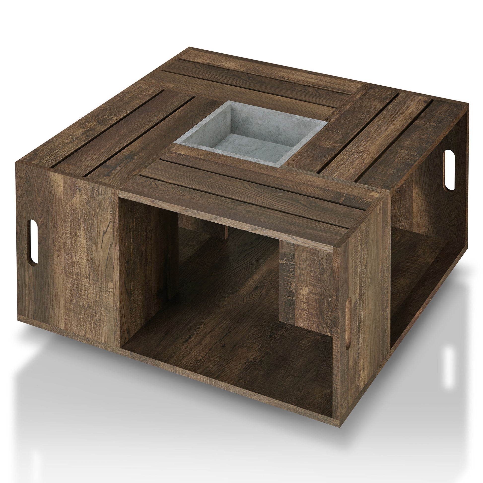 Angled upper view of a rustic reclaimed oak crate-style mobile storage coffee table on a white background